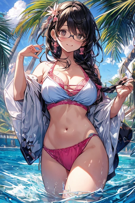 hanekawatsubasa, hanekawa tsubasa,(smile),(with sparkling eyes and a contagious smile),her pink panty pulled by self,a , long hair, black hair, hair ornament, (brown eyes:1.1), braid, hairclip, twin braids, glasses, pink bikini, outdoors, beach, looking at viewer, (masterpiece:1.2), best quality, high resolution, unity 8k wallpaper, (illustration:0.8), (beautiful detailed eyes:1.2), extremely detailed face, perfect lighting, extremely detailed CG, (perfect hands, perfect anatomy),