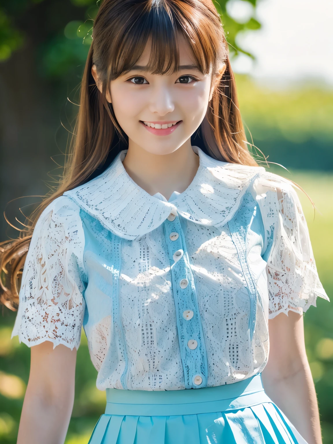 1 girl, Solo, Japanese girl, Cute Girl, 25 years old, Best Quality, Ultra-detailed, 8K, High resolution, gentle eyes, brown hair, long hair, (straight hair), light smile, fang, (((collared blouse, white blouse, puffy, short sleeves, lacy collar, light blue skirt, long skirt))),