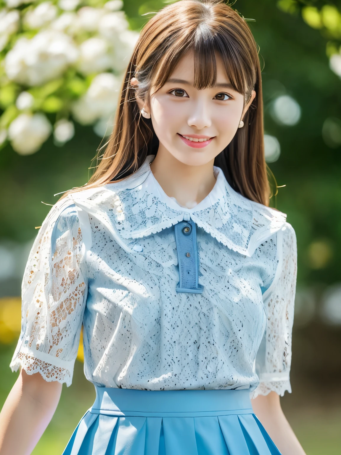 1 girl, Solo, Japanese girl, Cute Girl, 25 years old, Best Quality, Ultra-detailed, 8K, High resolution, gentle eyes, brown hair, long hair, (straight hair), light smile, fang, (((collared blouse, white blouse, puffy, short sleeves, lacy collar, light blue skirt, long skirt))),