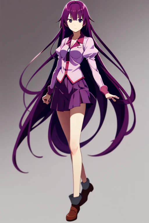 1girll,，senjougahara hitagi, Solo, upper legs, Skirt, Long hair, Naoezu High , Blue eyes, Juliet sleeves, , Purple hair, shirt, zettai ryouiki, Medium breasts, Very long hair, Purple skirt, Miniskirt,Full body photo