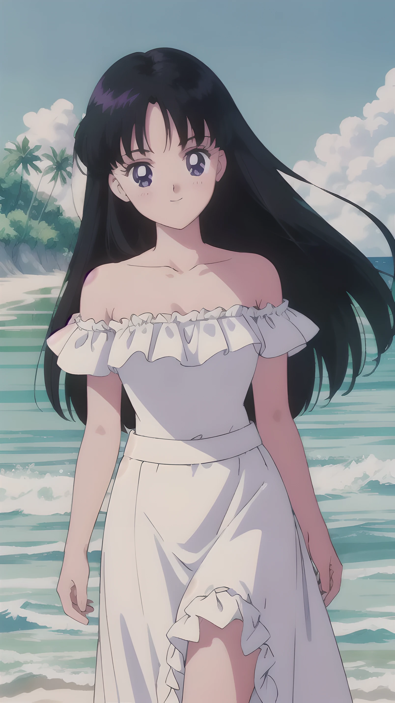 (retro anime girl:1.2), (white dress:1.1), (masterpiece:1.2), (best quality), (ultra detailed), (8k,4k), (half body:1.2), (cowboy:1.2), (close up:1.2), (highly detailed:1.2), (Ruffle Off-the-shoulder top:1.4), (Maxi skirt:1.4), Rei Hino, 1 girl, solo, Best quality, masterpiece, High Definition, ager, Purple Eyes, Beautiful Detail Eyes, Black Hair, Long Hair, Good hands at sides, Smile, Blushing, Bare Neck, Bare Arms, Bare Shoulders, short sleeve, Strapless, White Ruffle Off-the-Shoulder Top, White Off-the-shoulder Dress, White maxi dress, walking on the beach with bare feets, Background, blue skies, Close up,