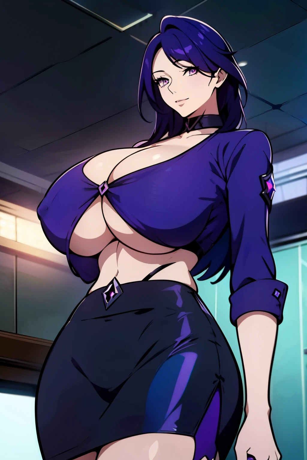 An anime-style artwork depicting acheron from the game Honkai star rail.
Tags: acheronhsr, anime, detailed eyes, detailed lips, (black skirt suit:1.1), cleavage, pencil skirt, miniskirt,curvy, thighs, higheels, shiny clothes, skin tight, cleavage, smiling expression, intense gaze, glowing emblem on hand, dynamic pose, mystical background, vibrant colors, digital art, high-resolution, professional quality, gigantic breasts, (underboob : 1.4), curvy, cowboy shot, (gigantic breasts: 1.4), (purple eyes: 1.4), (blue hair: 1.6), short hair