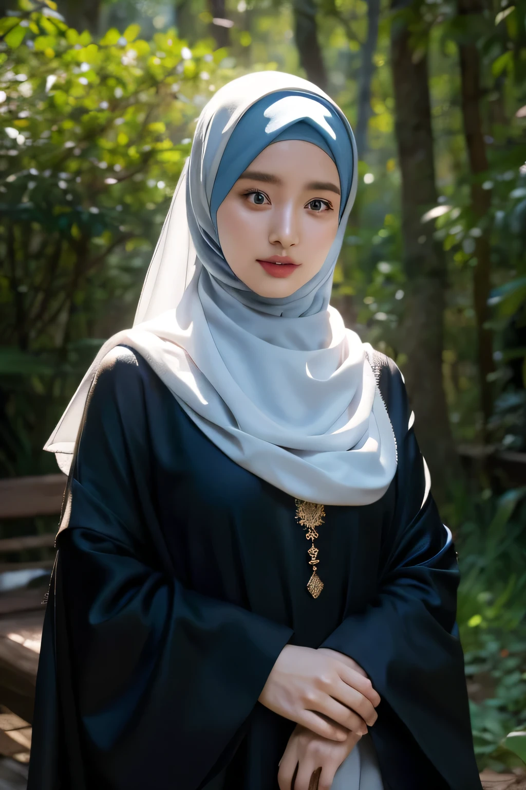 8k, masterpiece, RAW photo, best quality, photorealistic, extremely detailed CG unity 8k wallpaper, Depth of field, Cinematic Light, Lens Flare, Ray tracing, (extremely beautiful face, beautiful lips, beautiful eyes), intricate detail face, ((ultra detailed skin)), best quality, Masterpieces, Super high resolution, (photograph realistic:1.5), Original image, Abaya satin, 1girl muslim, satin abaya, satin, hijab face portrait ((hijabers model)), forest background, 8k uhd, dslr, soft lighting, high quality, film grain, Fujifilm XT3, covered dress, decent dress, cheerful facial expression.