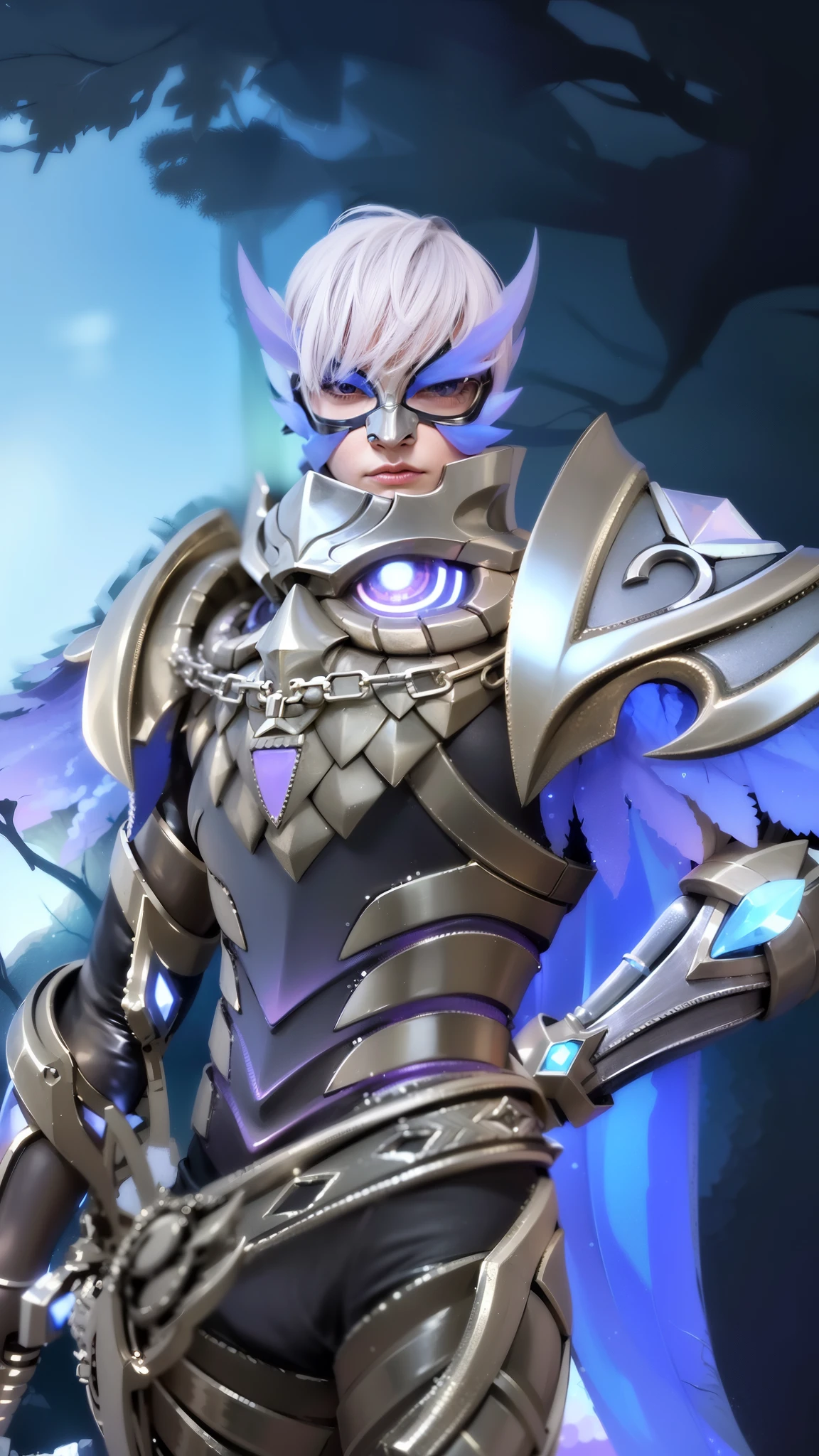 a close up of a boy in a costume with a mask, sliver ice color reflected armor, shinning armor, ice crystal armor, ice lord, grimdark paladin, wearing thunder armor, crystalline skin, wearing diamond armor, clothed in ethereal armor, ice mage, warrior platinum armor, mystical atlantean valkyrie, 8k, ultra hd, ultra detailed texture, hyper realistic, masterpiece, detailed texture, detailed face, detailed skin, detailed lighting, (photorealistic:1.5), best quality, beautiful lighting, cinematic lighting, professional lighting, ultra highres, realistic, detailed hair, real hair, high quality, (realskin:1.5), extremely detailed, finely detail, ultra-detailed