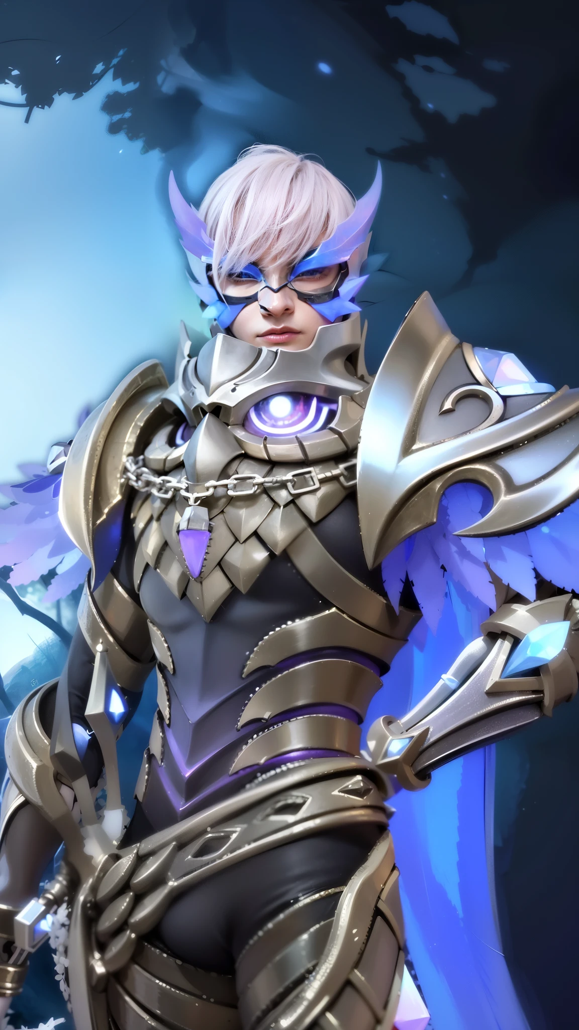 a close up of a boy in a costume with a mask, sliver ice color reflected armor, shinning armor, ice crystal armor, ice lord, grimdark paladin, wearing thunder armor, crystalline skin, wearing diamond armor, clothed in ethereal armor, ice mage, warrior platinum armor, mystical atlantean valkyrie, 8k, ultra hd, ultra detailed texture, hyper realistic, masterpiece, detailed texture, detailed face, detailed skin, detailed lighting, (photorealistic:1.5), best quality, beautiful lighting, cinematic lighting, professional lighting, ultra highres, realistic, detailed hair, real hair, high quality, (realskin:1.5), extremely detailed, finely detail, ultra-detailed