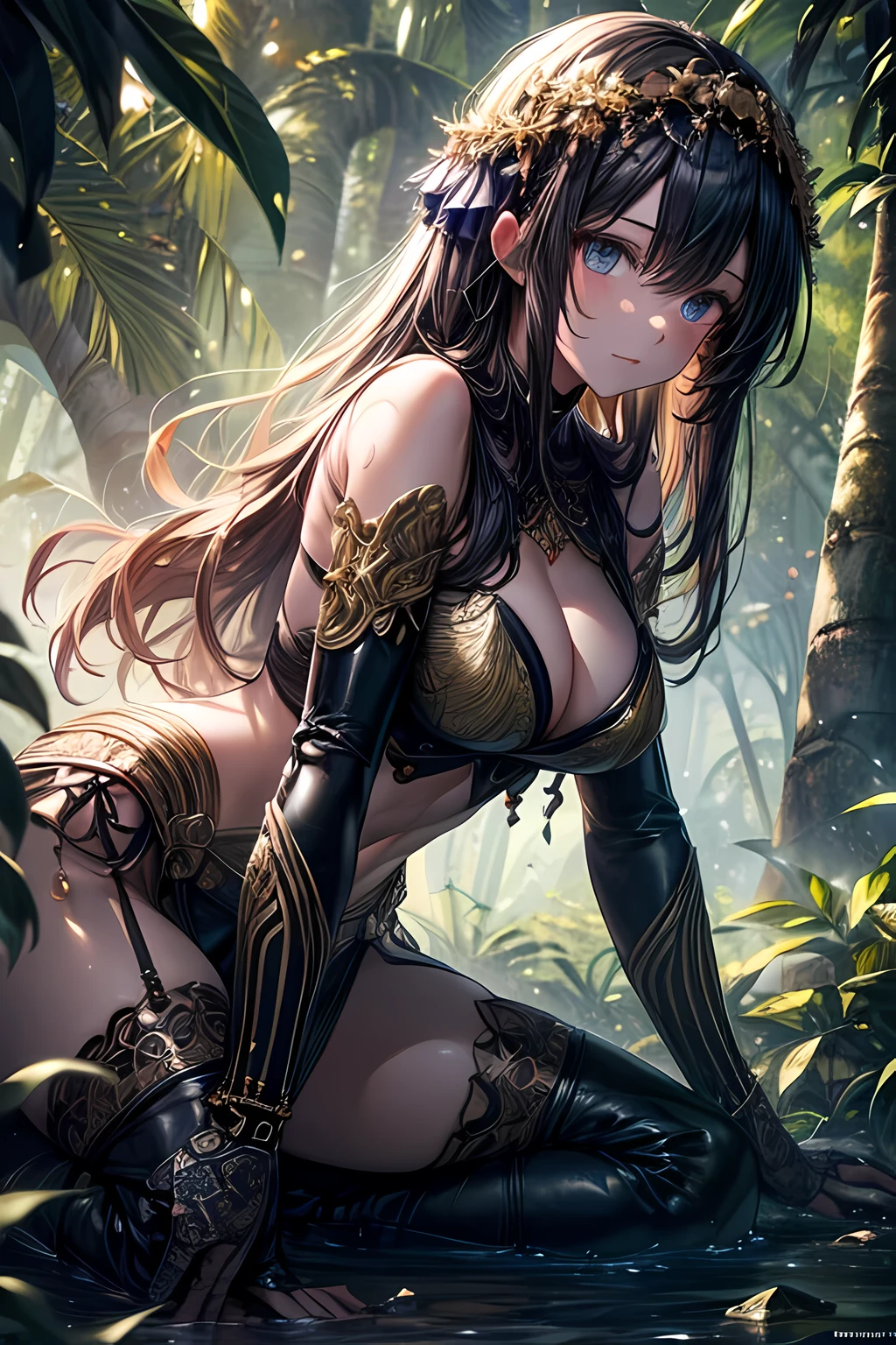 high details, best quality, 16k, [ultra detailed], masterpiece, best quality, (extremely detailed), dynamic angle, ultra wide shot, RAW, photorealistic, fantasy art, realistic art, a female druid (intricate details, Masterpiece, best quality: 1.5) in a jungle, a female wearing (gold leaf: 1.3) clothes intricate details, Masterpiece, best quality: 1.4), leather boots, thick hair, long hair, black hair, intense (blue: 1.3) eyes, vibrant jungle (intense details), plenty of plant life, vines coming from trees, many jungle trees (1.3 intricate details, Masterpiece, best quality), vines, a river flowing, sun light, golden light. dynamic angle, (intricate details, Masterpiece, best quality: 1.5) , 2.5 rendering, high details, best quality, highres, ultra wide angle
