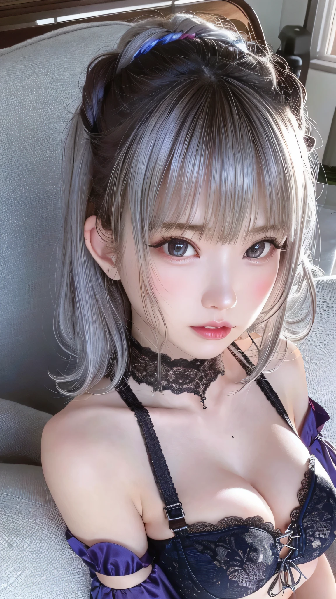 (thin eyebrows)、(((((closed mouth)))))、((Very strong sunshine))、((((beautiful silver hair))))、((small head))、(beautiful silver hair with short wavy:1.2)、full body shot、(((8K, RAW photo)))、 (((The face is cosplayer Enako))),(Shot from above in high-definition 8K)、(very delicate and beautiful)、(masterpiece)、(highest quality:1.0)、(超A high resolution:1.0)、realistic shadow、[High resolution]、 fine skin、super detailed、(beautiful hair)、Photoreal、lifelike face、big breasts thin waist、realistic eyes、small eyes、(((between the breasts)))、(eyeliner)、(mascara)、 Lips with pink lips、((Looks very happy))、show your shoulders、Complex patterns and transparent materials、Artistic depiction of a fascinating woman, Accentuates an attractive silhouette。That scene is、、sunbathing under the hot sun、Makes you feel the delicate beauty and charm of nature。(((intricate details))、advanced details、choker、NSFW,((highest quality、8K、masterpiece:1.3))、Sharp focus:1.2、 (((Enamelled purple and silver corset)))、(shine)