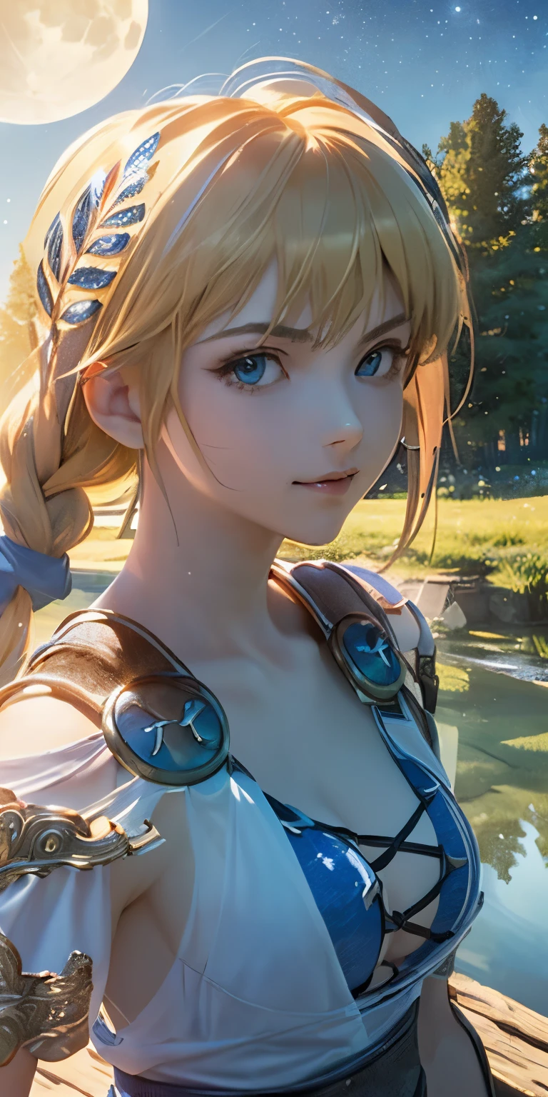 (masterpiece, best quality:1.3), Sophitia Alexandra, Soul Calibur, (upper body:1.5), anime, intricate detail, japanese style, 28 years old, look at viewer, gold hair, braid hair, (there is a beautiful night with a lake and trees in the background, colorful skies, surreal colors, colorful moon and stars, colorful sky, marvellous reflection of the sky:1.2), (taking off her clothes and taking a bath in the lake:1.2),