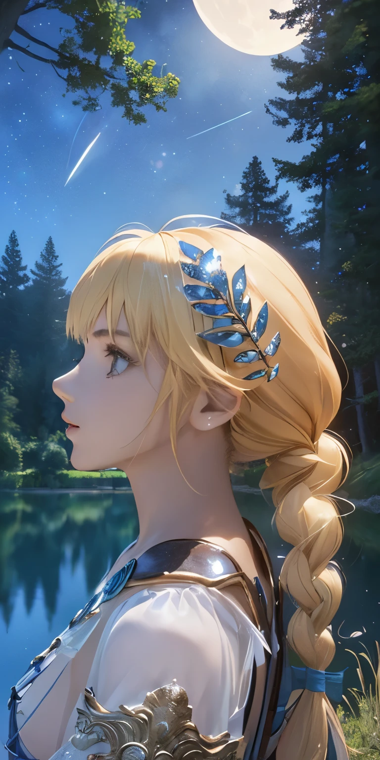 (masterpiece, best quality:1.3), Sophitia Alexandra, Soul Calibur, (face focus:1.5), anime, 28 years old, look at viewer, gold hair, braid hair, (there is a beautiful night with a lake and trees in the background, colorful skies, surreal colors, colorful moon and stars, colorful sky, marvellous reflection of the sky:1.2),