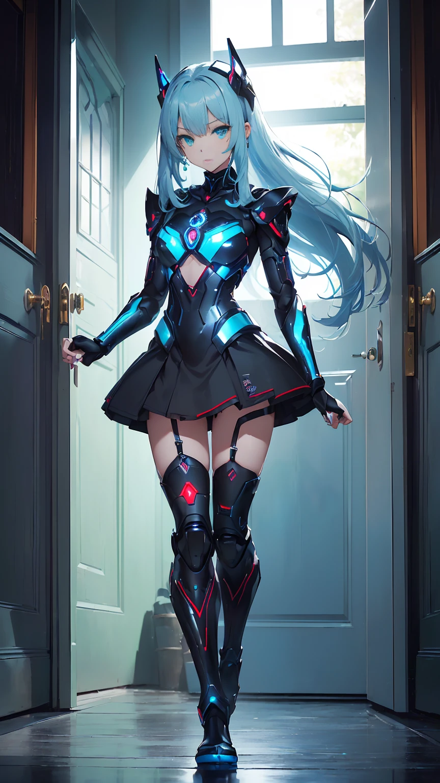 ((Full body photo, standing, feet on the ground)) top-quality、Top image quality、masterpiece、Android Girl((sixteen years old,My whole body is full of wounds、Broken cybersuit glowing black, red and white、Blue energy source for the chest,Best Bust、Bust 90、Light blue shiny hair、Longhaire,Cyber Skirt、Blue-green eyes、open chest wide、Valley、Happiness、A slender、Arms held back、Walk towards the door))hiquality、Beautiful Art、Background with((The Great Mysterious Door、kosmoasutepiece、Elaborate design、visualart、Theatrical films