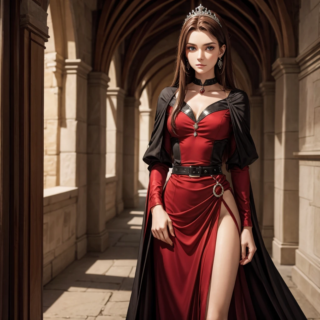 17 year old girl, red eyes, medium length hair, straight dark brown hair, side part, pale skin, diamond stud earrings, black and red clothes, fashionable, princess, fully dressed, fully dressed, slender figure, medieval background, in castle, serious, professional, modest