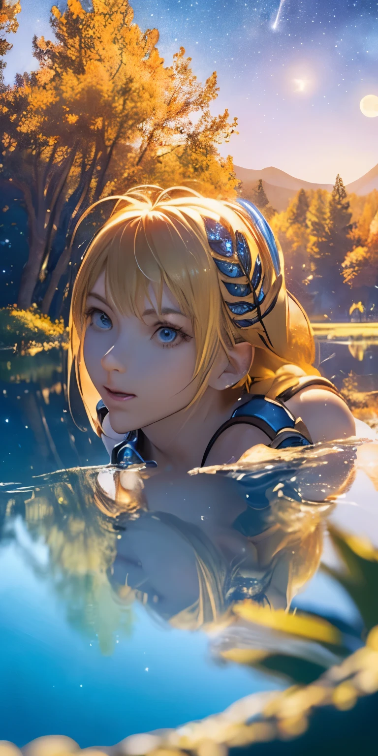 (masterpiece, best quality:1.3), Sophitia Alexandra, Soul Calibur, (from above, close up:1.5), anime, intricate detail, japanese style, 28 years old, look at viewer, gold hair, braid hair, (there is a beautiful night with a lake and trees in the background, colorful skies, surreal colors, colorful moon and stars, colorful sky, marvellous reflection of the sky:1.2), (taking off her clothes and taking a bath in the lake:1.2),