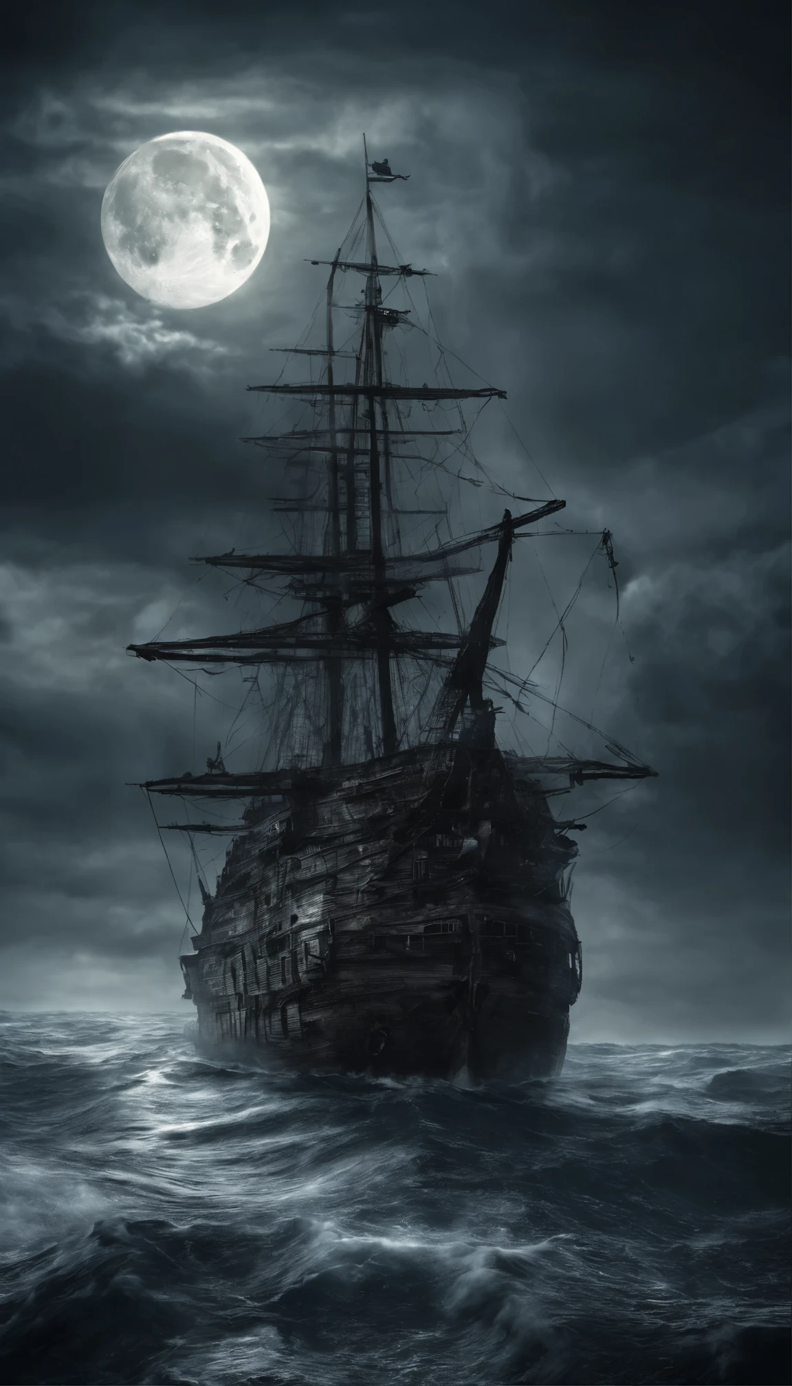 (highest quality, 8K, masterpiece, ultra hd: 1.3, Extensive detail, surreal, epic scale, An insane level of detail), Pirate Carrack, shipwrecks, night, Very big moon, rock, lighthouse, beam of light from the lighthouse, Tense atmosphere