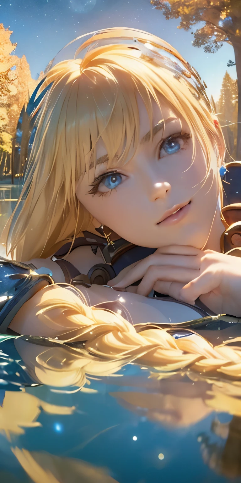 (masterpiece, best quality:1.3), Sophitia Alexandra, Soul Calibur, (face focus:1.5), anime, 28 years old, look at viewer, gold hair, braid hair, (there is a beautiful night with a lake and trees in the background, colorful skies, surreal colors, colorful moon and stars, colorful sky, marvellous reflection of the sky:1.2), 