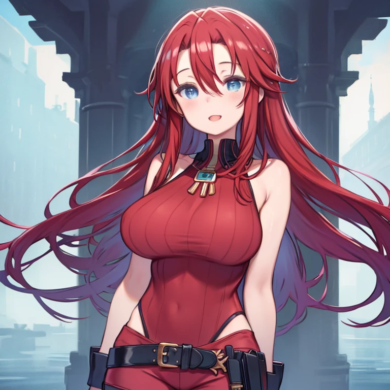 masterpiece, highest quality、1. A woman with beautiful eyes、(aty, long hair, blue eyes, red hair、hair between eyes)、((big breasts、huge breasts、big areola、erect nipples))、 (((((Full naked、nudist)))))、 ((pubic hair、hairy、pubic hair、pubic hair))、standing on one leg、 standing on one leg
