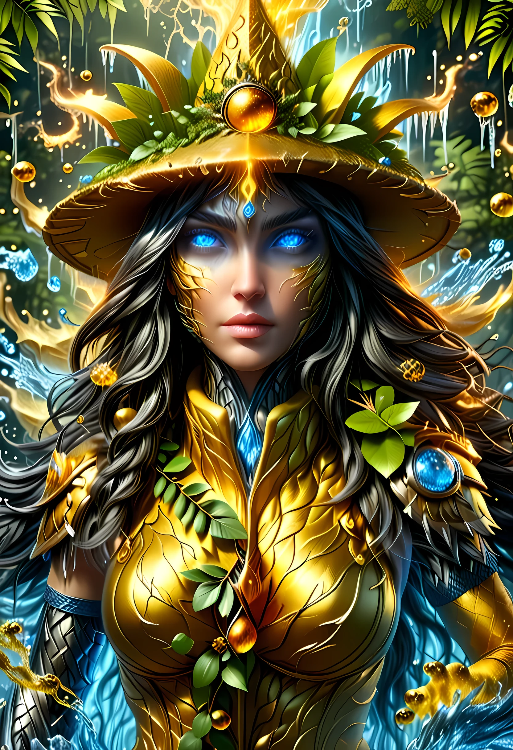 high details, best quality, 16k, [ultra detailed], masterpiece, best quality, (extremely detailed), dynamic angle, ultra wide shot, RAW, photorealistic, fantasy art, realistic art, DonML1quidG0ldXL, a female druid (intricate details, Masterpiece, best quality: 1.5) in a jungle, a female wearing (gold leaf: 1.1) clothes intricate details, Masterpiece, best quality: 1.4), leather boots, thick hair, long hair, black hair, intense (blue: 1.3) eyes, vibrant jungle (intense details), plenty of plant life, vines coming from trees, many jungle trees (1.3 intricate details, Masterpiece, best quality), vines, a river flowing, sun light, golden light. dynamic angle, (intricate details, Masterpiece, best quality: 1.5) , 2.5 rendering, high details, best quality, highres, ultra wide angle