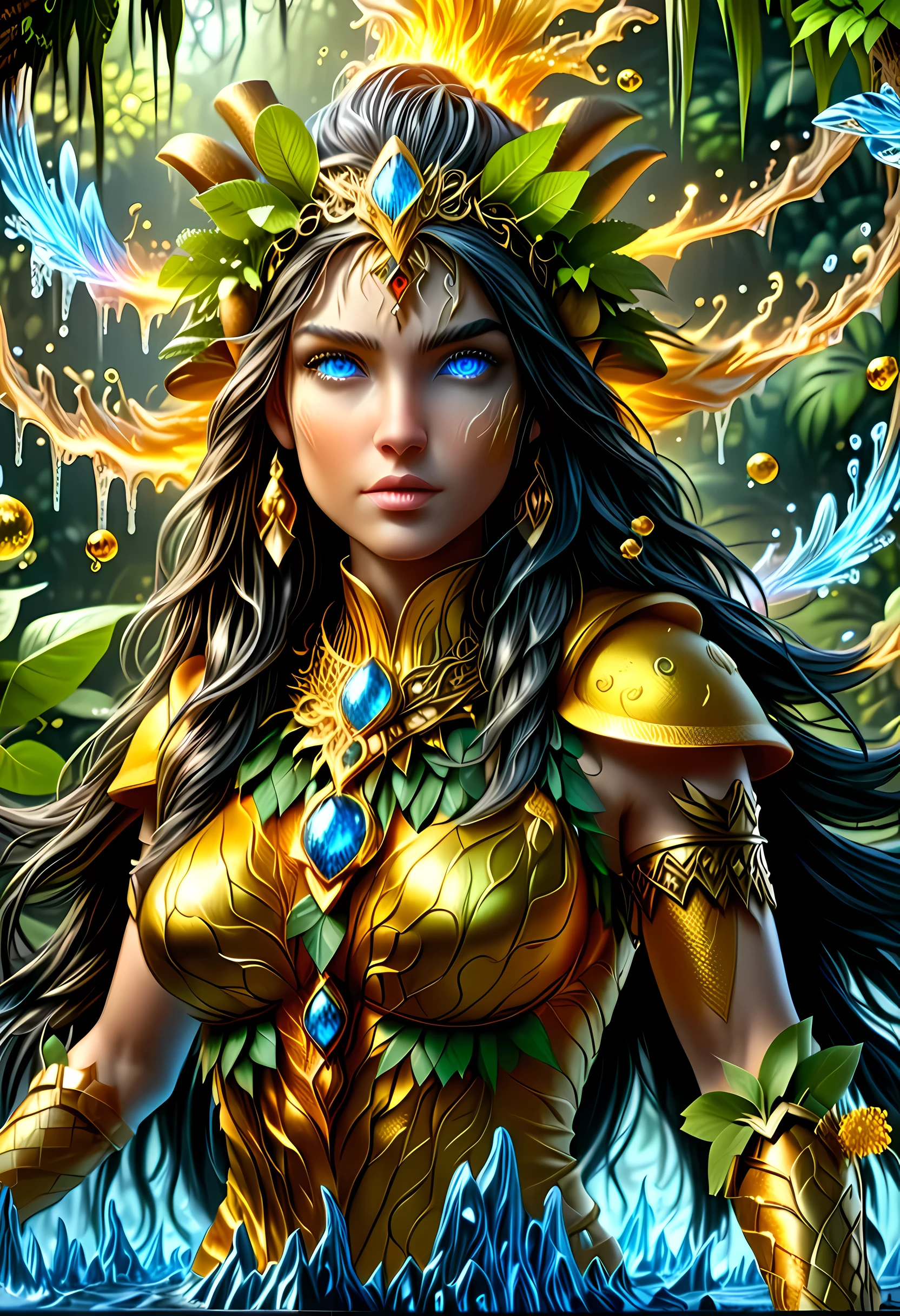 high details, best quality, 16k, [ultra detailed], masterpiece, best quality, (extremely detailed), dynamic angle, ultra wide shot, RAW, photorealistic, fantasy art, realistic art, DonML1quidG0ldXL, a female druid (intricate details, Masterpiece, best quality: 1.5) in a jungle, a female wearing (gold leaf: 1.1) clothes intricate details, Masterpiece, best quality: 1.4), leather boots, thick hair, long hair, black hair, intense (blue: 1.3) eyes, vibrant jungle (intense details), plenty of plant life, vines coming from trees, many jungle trees (1.3 intricate details, Masterpiece, best quality), vines, a river flowing, sun light, golden light. dynamic angle, (intricate details, Masterpiece, best quality: 1.5) , 2.5 rendering, high details, best quality, highres, ultra wide angle