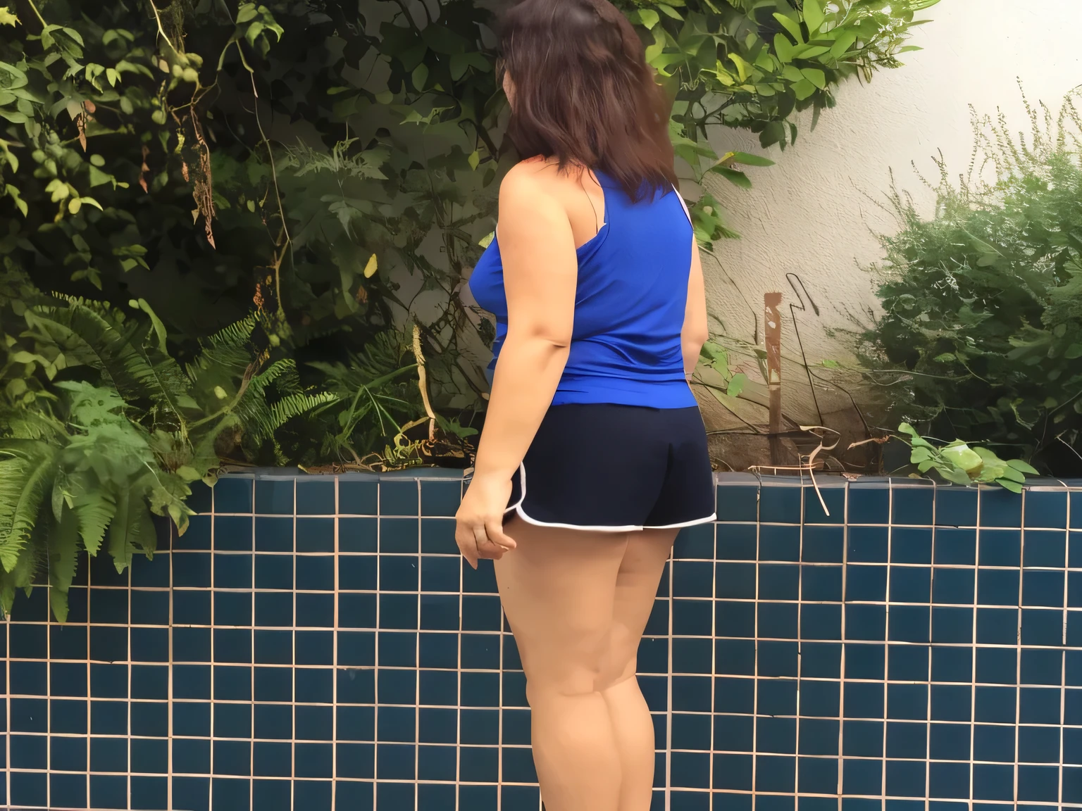 woman in blue shirt and dark blue short shorts and light blue short t-shirt, on a bench next to a garden, shot from behind, back pose, shot from behind, shot from behind, long shot from behind, in shorts, shot from behind , rear - photo, seen from the back, near a swimming pool, hands behind the body pose!, thighs exposed!!!, blue shorts, seen from behind, thick legs, sexy girl wearing shorts, thick thighs, back photo, big thighs, long shot from behind, perfect thighs, extremely sexy woman, sexy pose, 8K, NFSW. Masterpiece, best quality, (best quality), (8k CG unity wallpaper, realistic lighting, extremely detailed), (best quality), (best illustration), (best shadow), absurdities, realistic lighting, (Abyss ), beautiful detailed shine. Best quality, high resolution, Masterpiece: 1.3, High resolution (photographically realistic). She is around 35 years old, a woman in good physical condition.