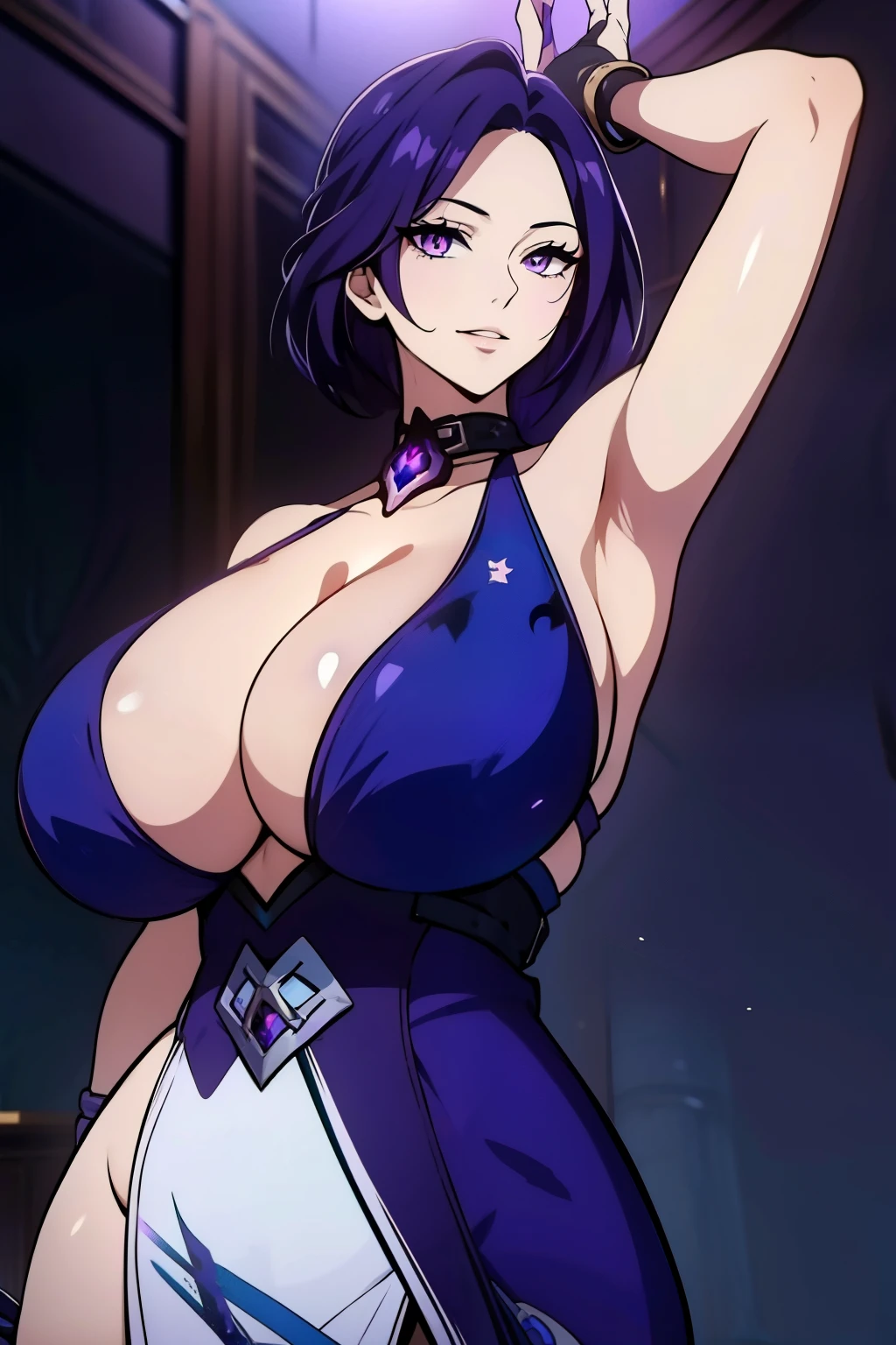 An anime-style artwork depicting acheron from the game Honkai star rail.
Tags: acheronhsr, anime, detailed eyes, detailed lips, arabian dancer outfit, smiling expression, intense gaze, glowing emblem on hand, dynamic pose, mystical background, vibrant colors, digital art, high-resolution, professional quality, gigantic breasts, curvy, cowboy shot, (gigantic breasts: 1.4), (purple eyes: 1.4), (blue hair: 1.6), short hair