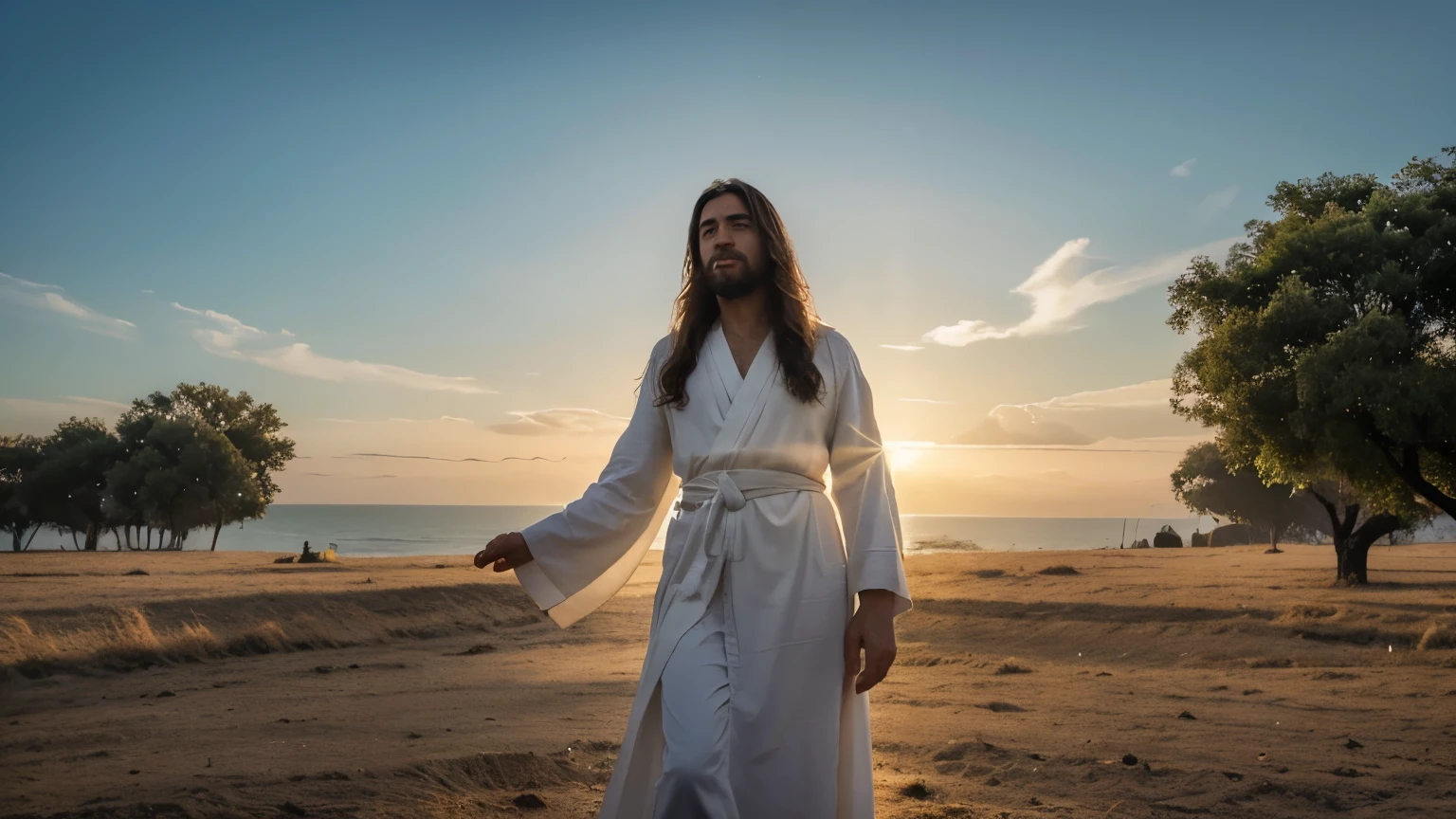 Create a high-definition image of Jesus Christ that conveys serenity, compassion and transcendence.. He is standing in a setting of divinely illuminated nature, com raios de sol dourados atravessando as nuvens ao fundo. Your figure is imposing and welcoming, with a soft, compassionate expression on her face. His robes are simple, mas emanam uma aura de majestade e paz. Your gaze is penetrating, irradiando sabedoria e amor incondicional para todos os que o contemplam. 