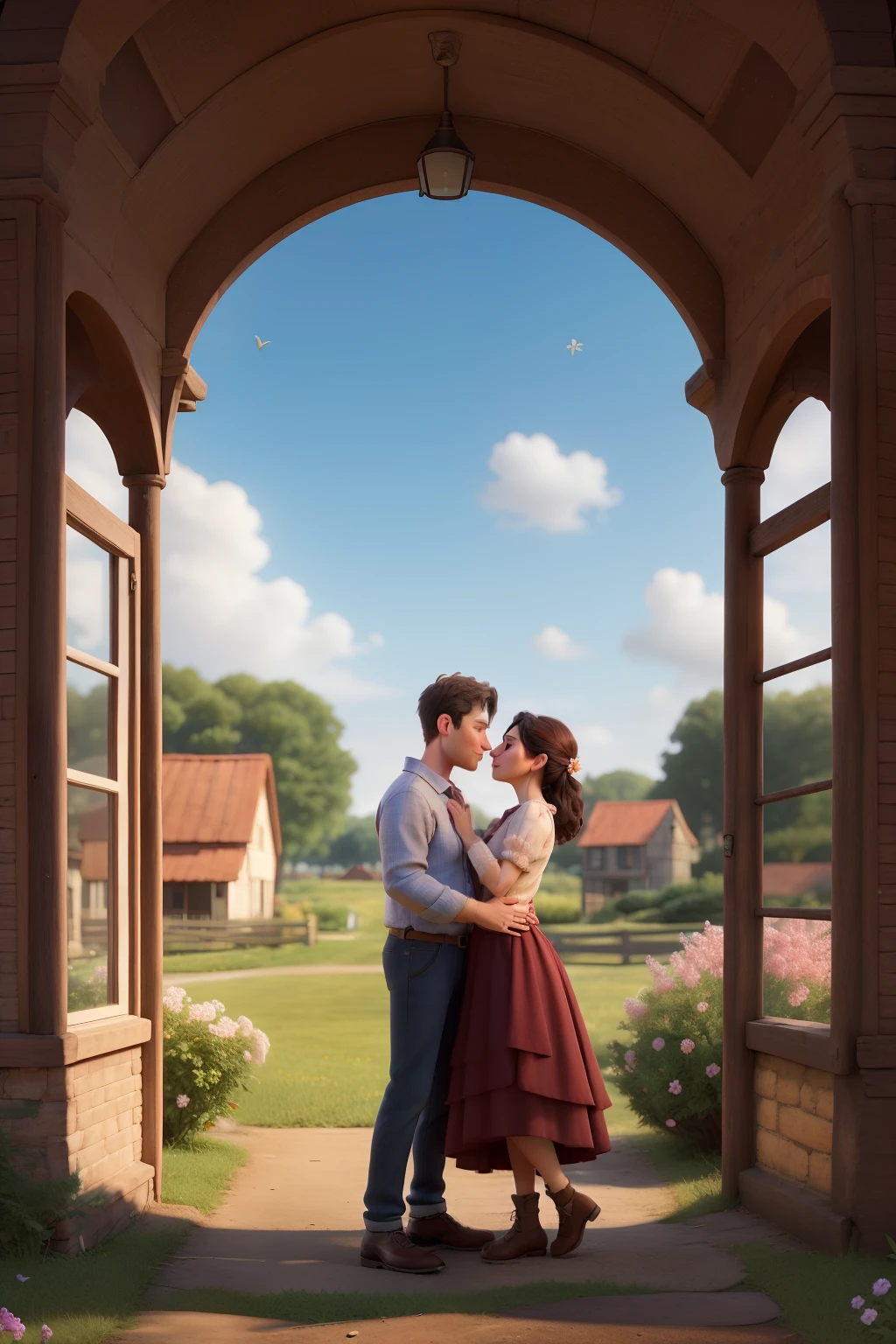 Embrace a romanticized rural life, detailed, flowering trees, lovers