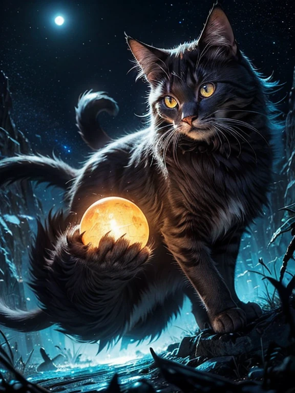 Genera una imagen de un gato nocturno., con un elegante, cuerpo peludo que brilla en la oscuridad, grande, ojos reflectantes, Cute feline features and a tail that ends in a cluster of glowing orbs, Similar to a constellation of stars.