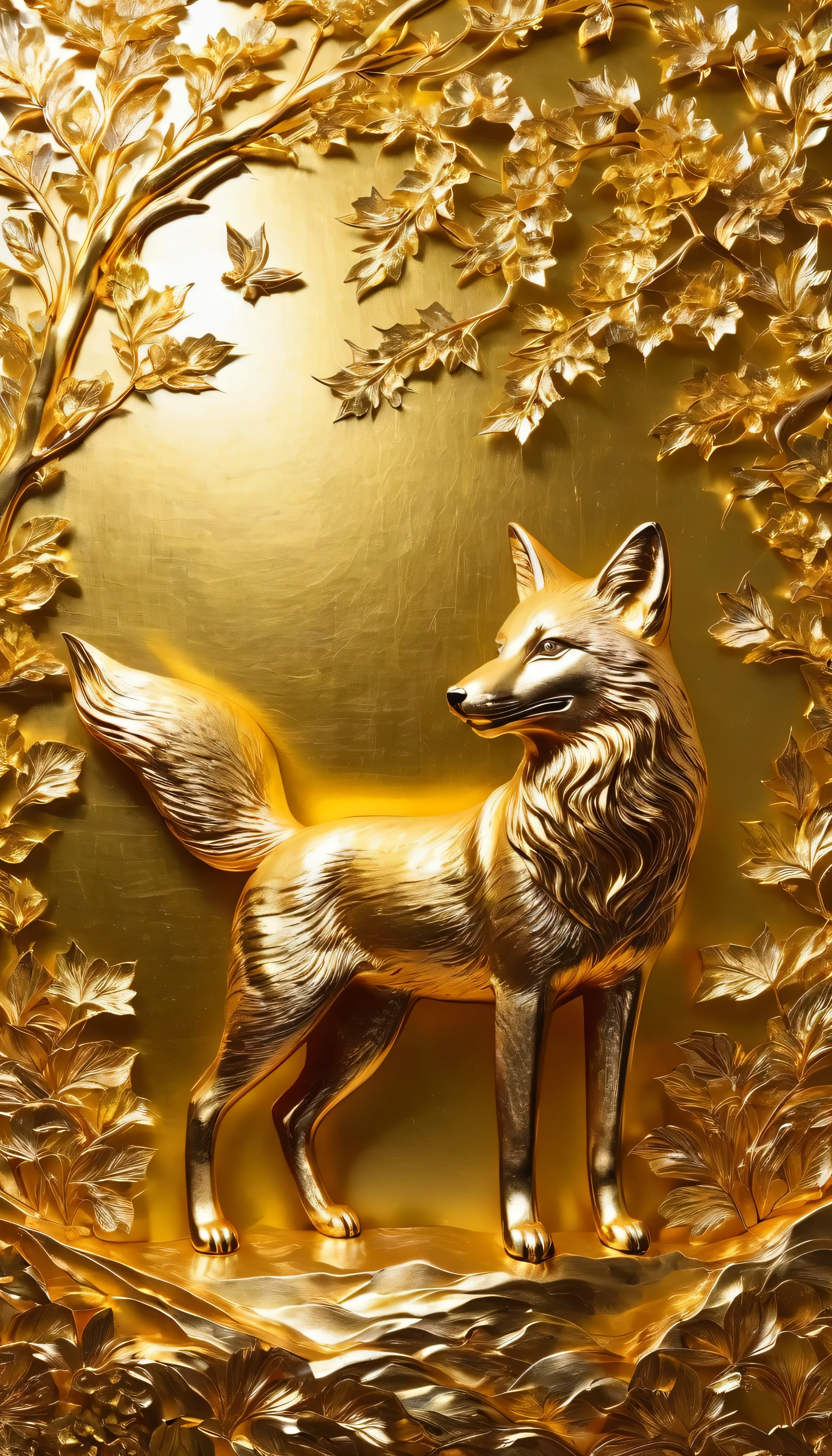 Printing (gold leaf), Japanese decoration, vintage decoration, golden leaf wall decoration : a fox gold leaf, the light shimmers on the gold leaf cut, The colors are bright and vibrant, The overall picture quality is of the highest quality, with every detail of gold leaf captured with ultra-detailed precision, The lighting is soft and diffuse, projecting a warm and welcoming glow across the stage. Reflects the beauty and magic of gold leaf art.. High quality, HDR, 16k, Ultra-detailed.