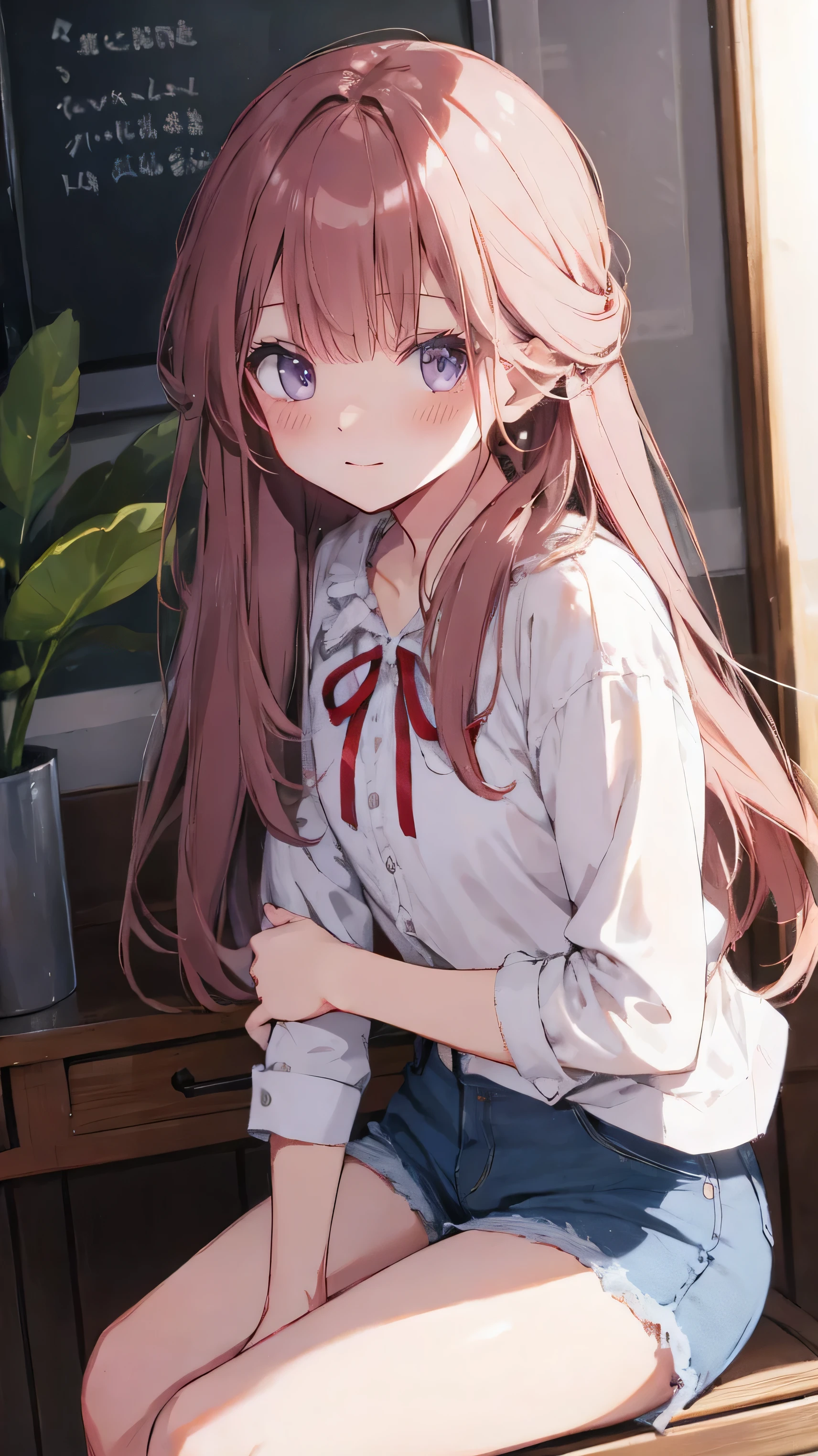 master piece、Highest image quality、highest quality、 ((panic))、glossy hair quality、small face、sitting、Super detailed and beautiful bright eyes、Super detailed clear and beautiful face、(cute illustration:1.2), High-resolution, ultra-detailed, best quality, embarrassed、(cute underwear)、(Gaps in shorts)