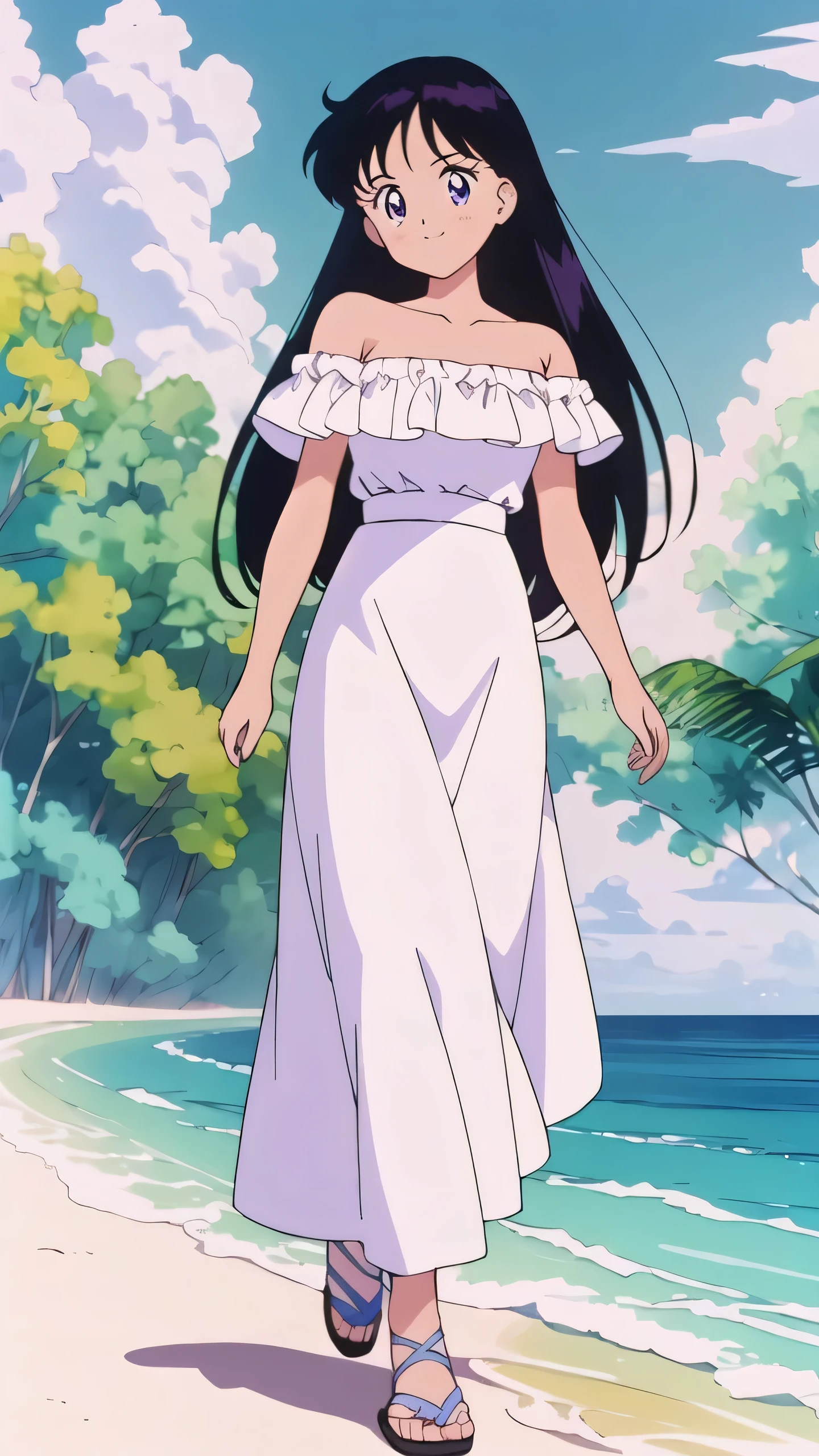 (retro anime girl:1.2), (white dress:1.1), (masterpiece:1.2), (best quality), (ultra detailed), (8k,4k), (half body:1.2), (cowboy:1.2), (close up:1.2), (highly detailed:1.2), (Ruffle Off-the-shoulder top:1.4), (Maxi skirt:1.4), Rei Hino, 1 girl, solo, Best quality, masterpiece, High Definition, Teenager, Purple Eyes, Beautiful Detail Eyes, Black Hair, Long Hair, Good hands at sides, Smile, Blushing, Bare Neck, Bare Arms, Bare Shoulders, short sleeve, Strapless, White Ruffle Off-the-Shoulder Top, White Off-the-shoulder Dress, White maxi dress, walking on the beach with bare feets, Background, blue skies,