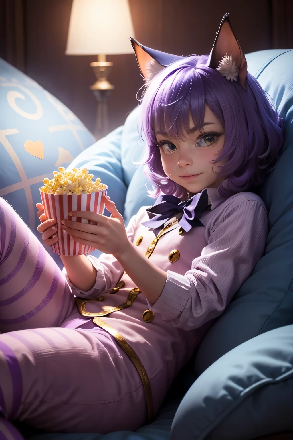 Visualize the Cheshire Cat, the enigmatic feline, enjoying a bowl of popcorn with flair. With an aura of mystery, he reclines on a plush velvet pillow, his tail gracefully draped over the arm of the armchair. Holding a handful of popcorn in his paws, he looks at the camera with a mischievous twinkle in his eyes, beckoning viewers to join him on his next whimsical escapade. The backdrop features a scene of twinkling city lights, hinting at the thrilling and captivating experiences your channel promises.