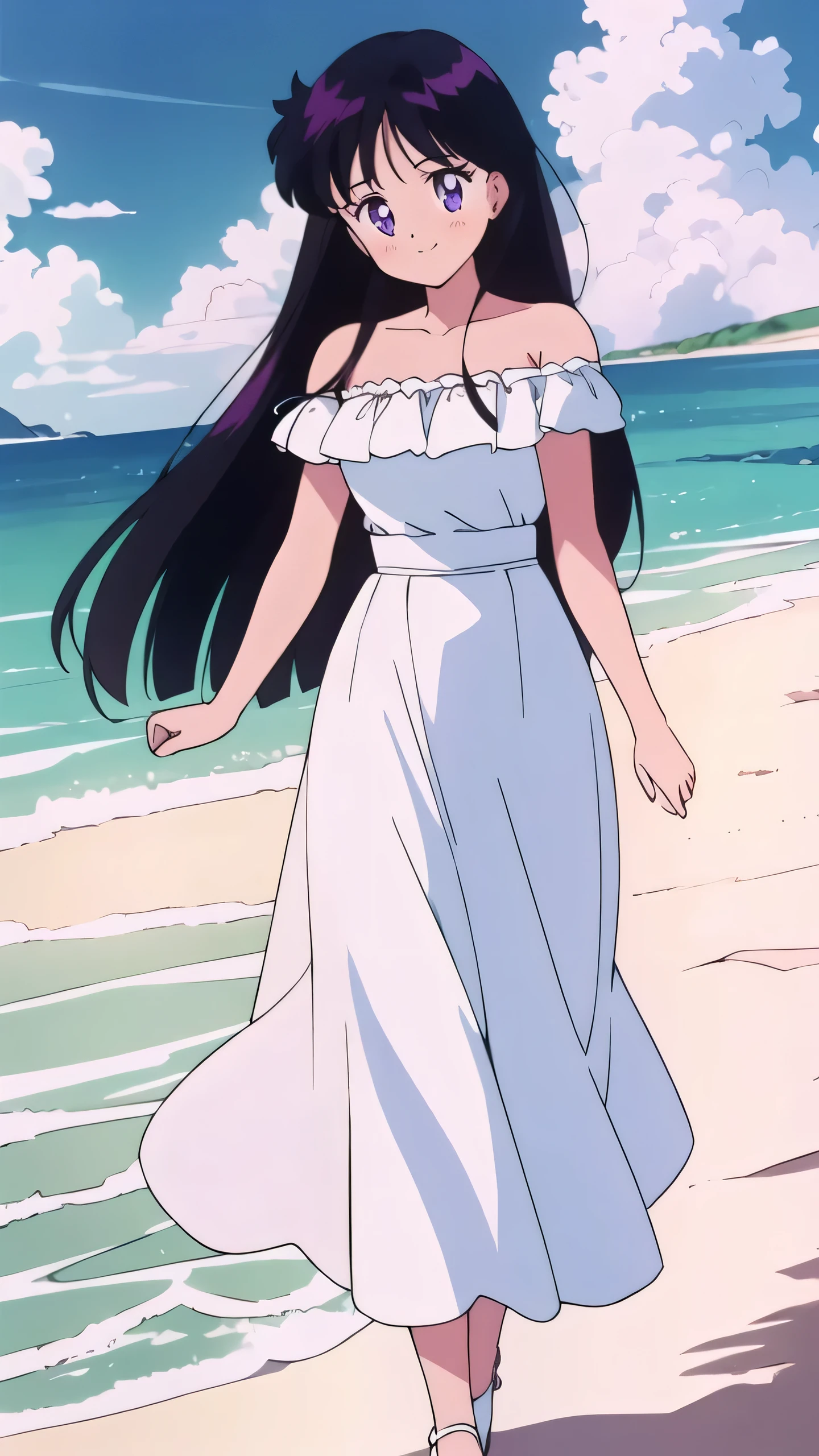 (retro anime girl:1.2), (white dress:1.1), (masterpiece:1.2), (best quality), (ultra detailed), (8k,4k), (half body:1.2), (cowboy:1.2), (close up:1.2), (highly detailed:1.2), (Ruffle Off-the-shoulder top:1.4), (Maxi skirt:1.4), Rei Hino, 1 girl, solo, Best quality, masterpiece, High Definition, Teenager, Purple Eyes, Beautiful Detail Eyes, Black Hair, Long Hair, Good hands at sides, Smile, Blushing, Bare Neck, Bare Arms, Bare Shoulders, short sleeve, Strapless, White Ruffle Off-the-Shoulder Top, White Off-the-shoulder Dress, White maxi dress, walking on the beach with bare feets, Background, blue skies,