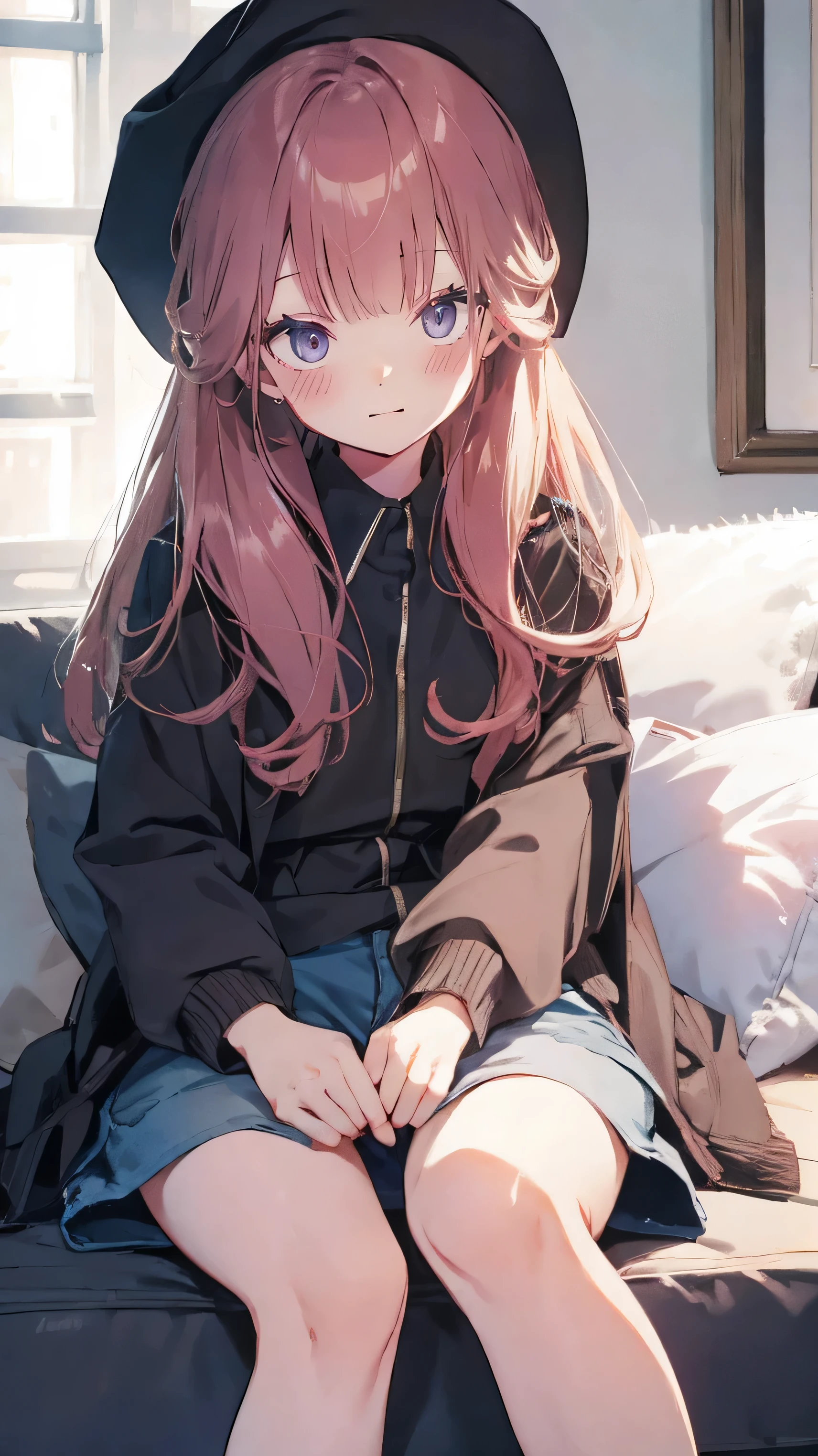 master piece、Highest image quality、highest quality、 ((panic))、glossy hair quality、small face、sitting、Super detailed and beautiful bright eyes、Super detailed clear and beautiful face、(cute illustration:1.2), High-resolution, ultra-detailed, best quality, embarrassed、(cute underwear)、(Gaps in shorts)