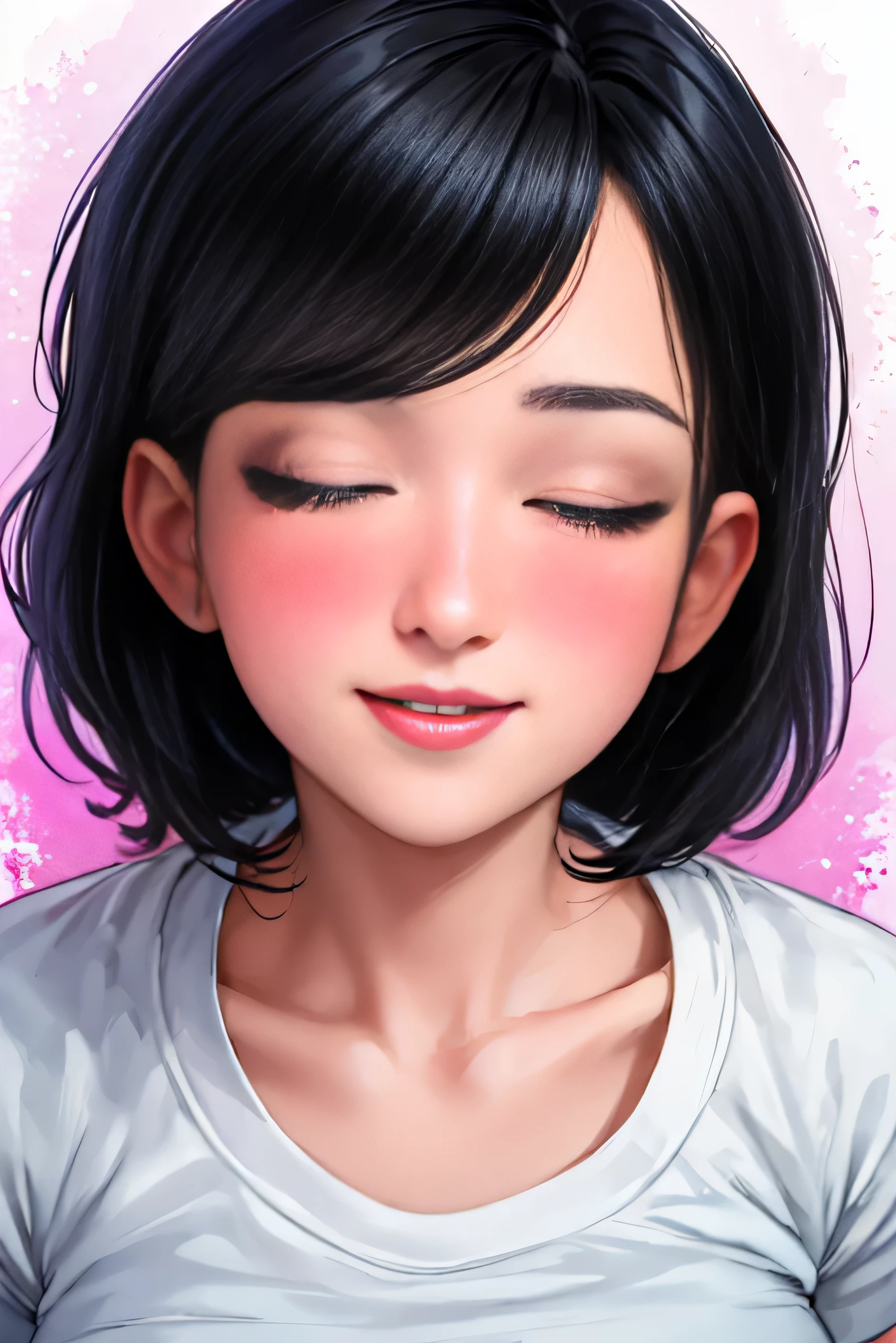 Amazing portrait of a sexy woman wearing her long straight luscious black hair, seductively gazing and smiling, soft lips, parted, blushing intensely, smiling, white t shirt, grey cardigan, baggy jeans, medium chest, perfect body