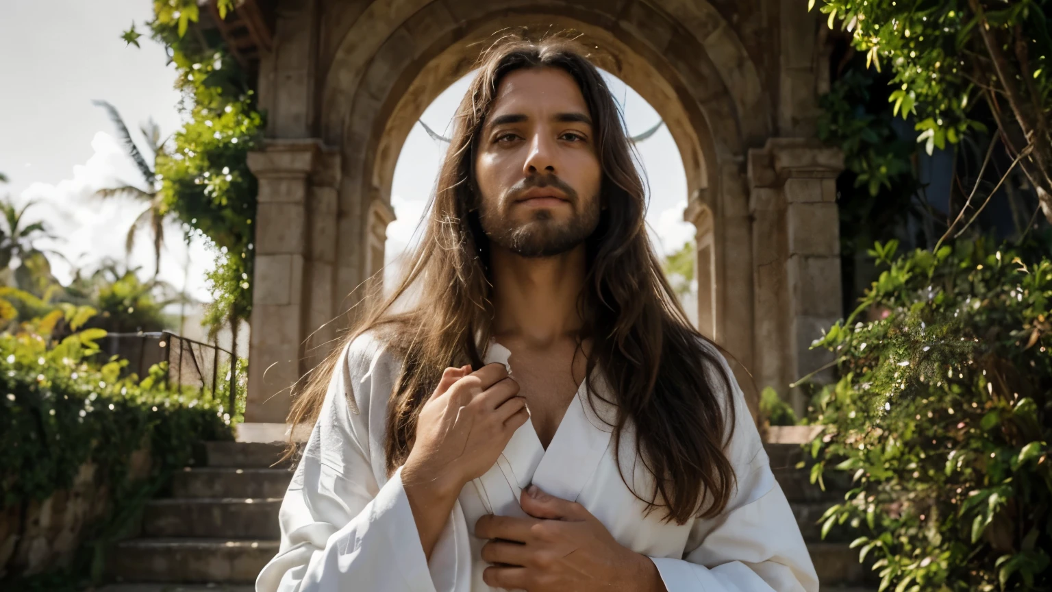 Create a high-definition image of Jesus Christ that conveys serenity, compassion and transcendence.. He is standing in a setting of divinely illuminated nature, com raios de sol dourados atravessando as nuvens ao fundo. Your figure is imposing and welcoming, with a soft, compassionate expression on her face. His robes are simple, mas emanam uma aura de majestade e paz. Your gaze is penetrating, irradiando sabedoria e amor incondicional para todos os que o contemplam.