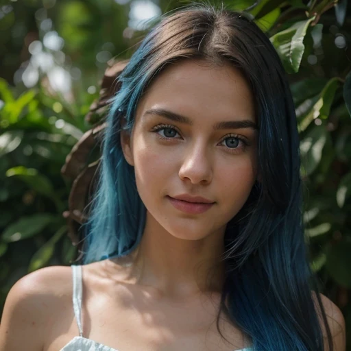 bright blue hair, long hair, bright blue hair, pretty brunette, latinas, highly detailed, 18 years old, innocent face, high resolution, masterpiece, full body, posing standing, touching her hair, has a summer white dress, best intricate quality, highly detailed, sharp focus, detailed skin, realistic skin texture, texture, detailed eyes, professional, 4k, enchanting smile, blue eyes, shot with canon, 85 mm, Slight depth of field, kodak color vision, body in perfect shape, extremely detailed, Photography_\(Ultra\), Photorealistic, Realistic, Post-operative, maximum detail, Roughness, real life, UltraRealistic, photorealism, photographyy, 8k UHD, photographyy
