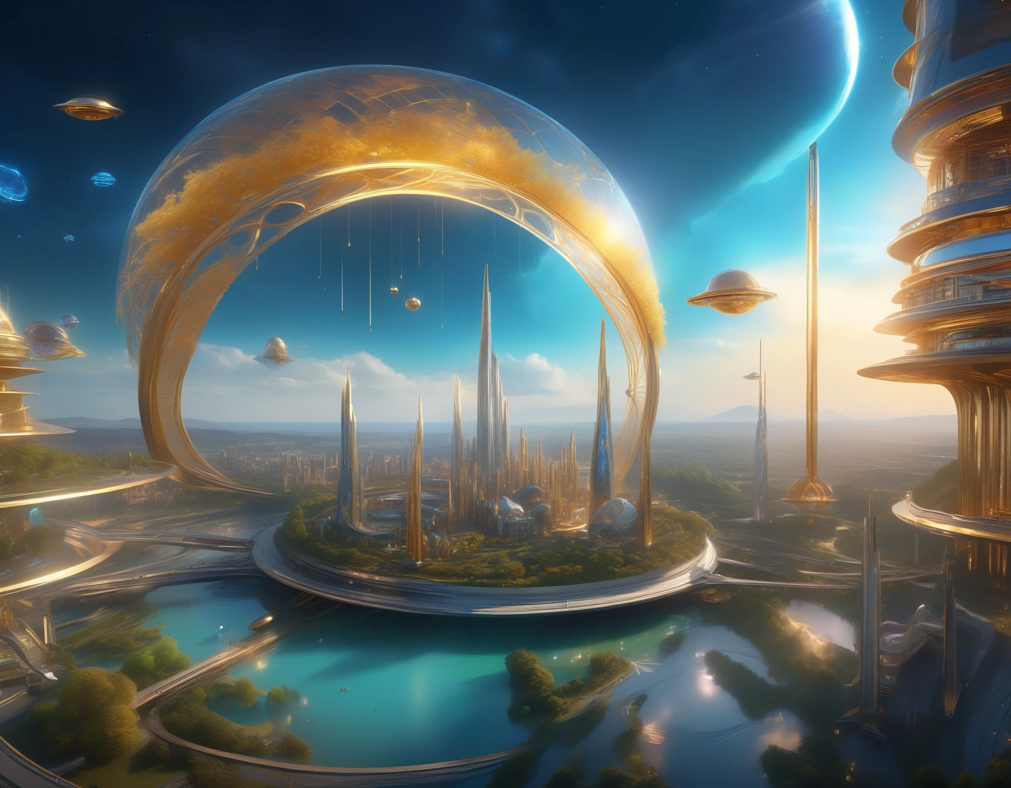 ((landscape)), bird's eye view, (((fantasy science))), magic city, scientific architecture, mystical energy, magic particle, science fantagy, advanced technology, witches flying on the sky, future style, fantastic atmosphere, advanced infrastructure, teleport, 32k, ((masterpiece, best quality, ultra-detailed, an extremely delicate and beautiful)), ((extremely detailed CG unity 8k wallpaper)), ((award winning, ccurate, UHD, textured skin, chromatic aberration, perfect anatomy, golden ratio)), (concept art), (exquisite attention to detail), ((perfect_composition, perfect_design, perfect_layout, perfect_detail, ultra_detailed)), ((aesthetic harmony))