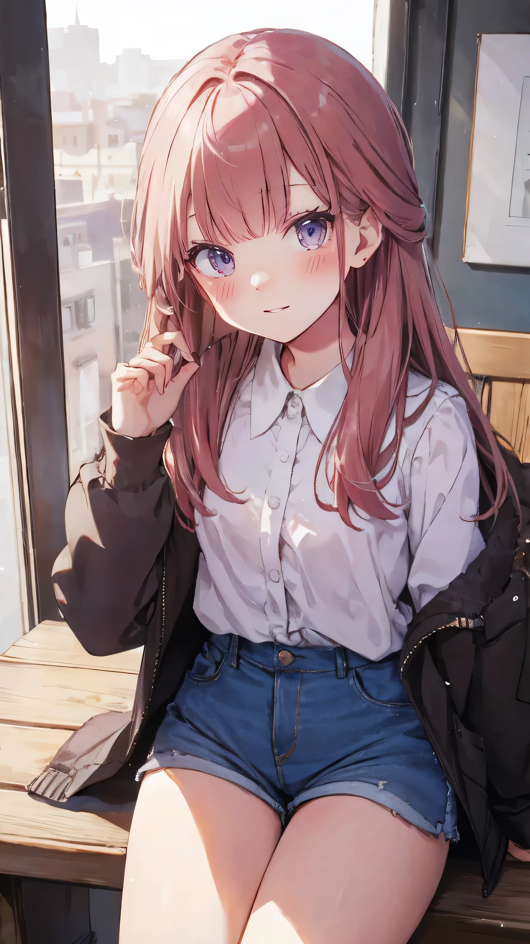 master piece、Highest image quality、highest quality、 ((panic))、glossy hair quality、small face、sitting、Super detailed and beautiful bright eyes、Super detailed clear and beautiful face、(cute illustration:1.2), High-resolution, ultra-detailed, best quality, embarrassed、(cute underwear)、(Gaps in shorts)
