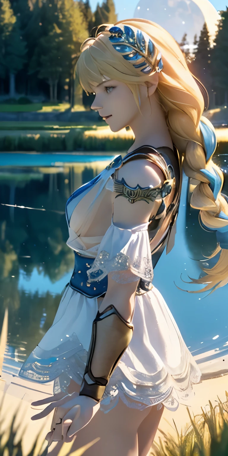 (masterpiece, best quality:1.3), Sophitia Alexandra, Soul Calibur, (cinematic angle:1.5), anime, 28 years old, look at viewer, gold hair, braid hair, (there is a beautiful night with a lake and trees in the background, colorful skies, surreal colors, colorful moon and stars, colorful sky, marvellous reflection of the sky:1.2), 