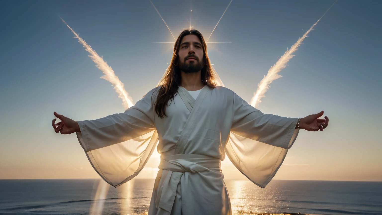 Create a high-definition image of Jesus Christ that conveys serenity, compassion and transcendence. He is standing, with arms slightly extended to the sides, como se estivesse acolhendo a todos com amor. Your facial expression is serene, com os olhos voltados para o horizonte, irradiando paz e sabedoria. His dress is simple, mas elegantemente detalhada, com tons de branco e dourado que refletem a luz divina. Ao seu redor, there is a soft and sparkling aura, symbolizing your divinity and connection to the divine. The scenery is a celestial landscape, with soft clouds and soft colors that convey a feeling of harmony and tranquility. A luz do sol brilha suavemente, illuminating Jesus and highlighting his divine presence in the world.