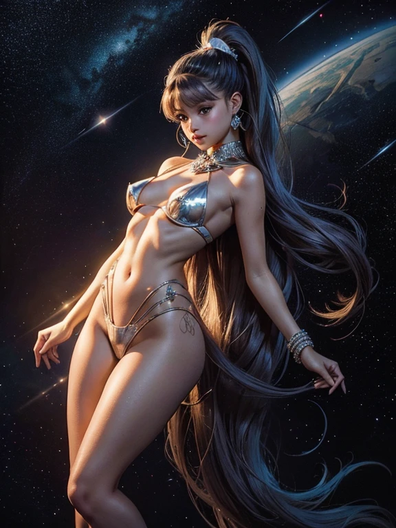 Genera una imagen de un Mujer sexy con gran culo similar a Ariana Grande desnuda de cintura para abajo usando solo sujetador. La mujer suspira silenciosamente aliviada.. termina en un grupo de orbes brillantes, Similar to a constellation of stars.