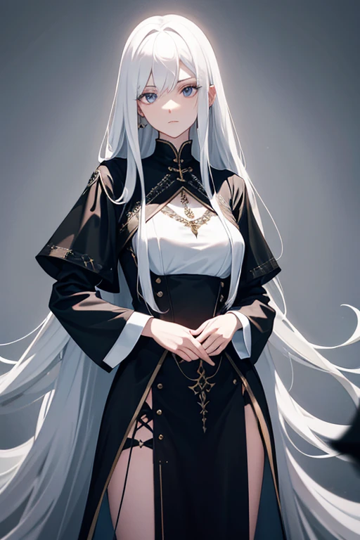 A tall girl with white long hair, black witch clothes and a dagger