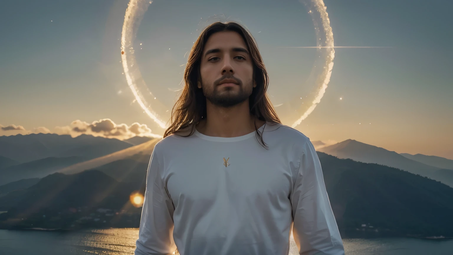 Create a high-definition image of Jesus Christ that conveys serenity, compassion and transcendence. He is standing, with arms slightly extended to the sides, como se estivesse acolhendo a todos com amor. Your facial expression is serene, com os olhos voltados para o horizonte, irradiando paz e sabedoria. His dress is simple, mas elegantemente detalhada, com tons de branco e dourado que refletem a luz divina. Ao seu redor, there is a soft and sparkling aura, symbolizing your divinity and connection to the divine. The scenery is a celestial landscape, with soft clouds and soft colors that convey a feeling of harmony and tranquility. A luz do sol brilha suavemente, illuminating Jesus and highlighting his divine presence in the world.