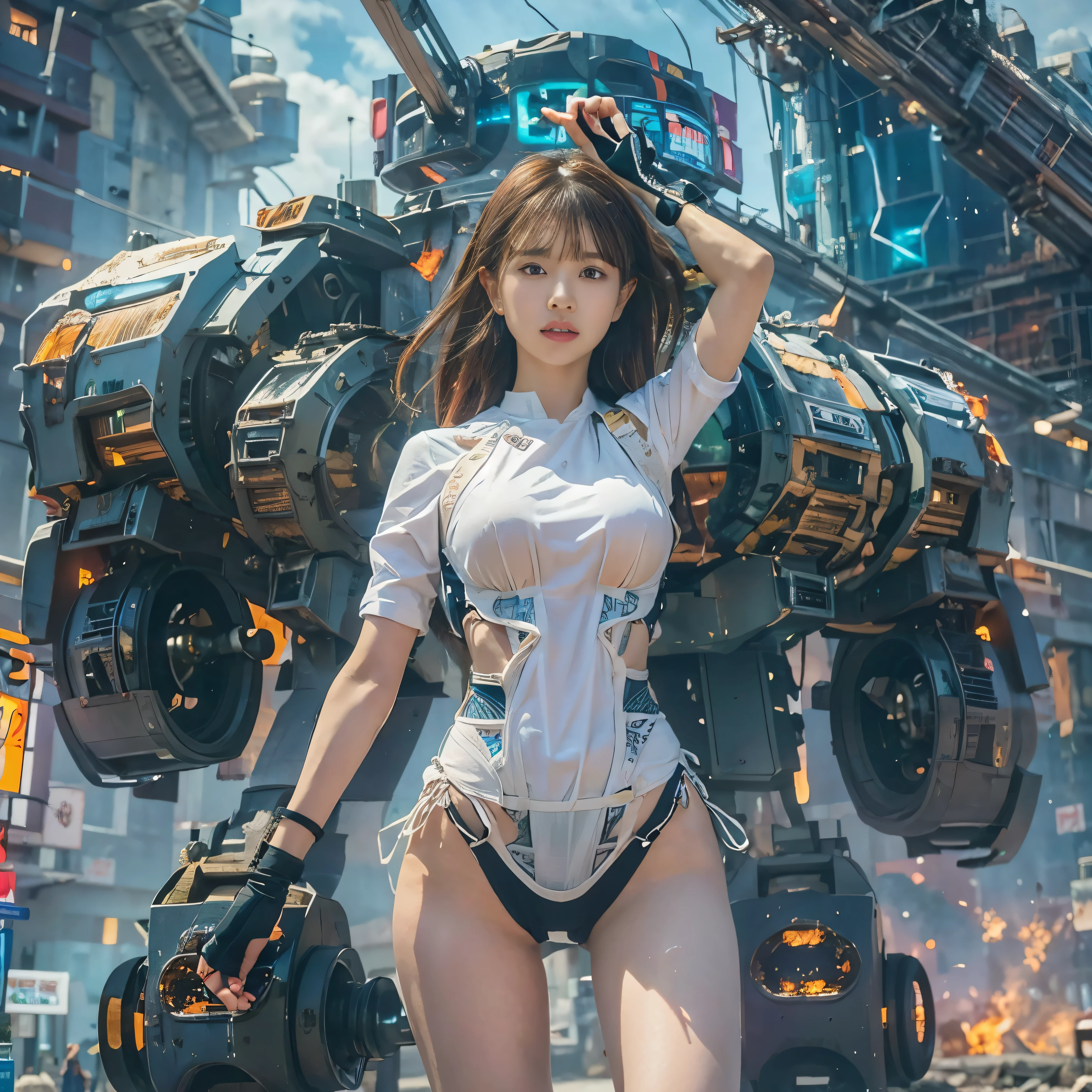 (highest quality、4k、8K、High resolution、masterpiece: 1.2)、Super detailed、(genuine、photogenuineistic、photogenuineistic: 1.37)、Destruction of a Great City、(A woman with telekinesis stands in front of a mech controlled by the invaders:1.37) 、(Women are young and beautiful、18-year-old、unparalleled beauty:1.5)、Insert a mental barrier to resist robot attacks、Vibrant cityscape、bright colors、Shining skyscrapers、Busy Street、Futuristic architecture and technology、Advanced Holographic Displays、Neon light splashes 、dramatic lighting、intense shadow、The awe-inspiring power that women exude、determination in his eyes、Elegant flowing gown、Dynamic action in the wind、Stretch out your arms and lunge towards the robot.、Powerful energy is emitted from the hands.、blue shining aura、sparks of electricity、electricity crackling in the air、A whirlpool of energy surrounding women、A fascinating and surgenuine atmosphere、A sense of danger and impending doom、Background chaos and destruction、Crumbling Building、Flying Debris、Smoke and flames、 The contrast between beauty and destruction、The battle between technology and the extraordinary power of young women。 cr1r3