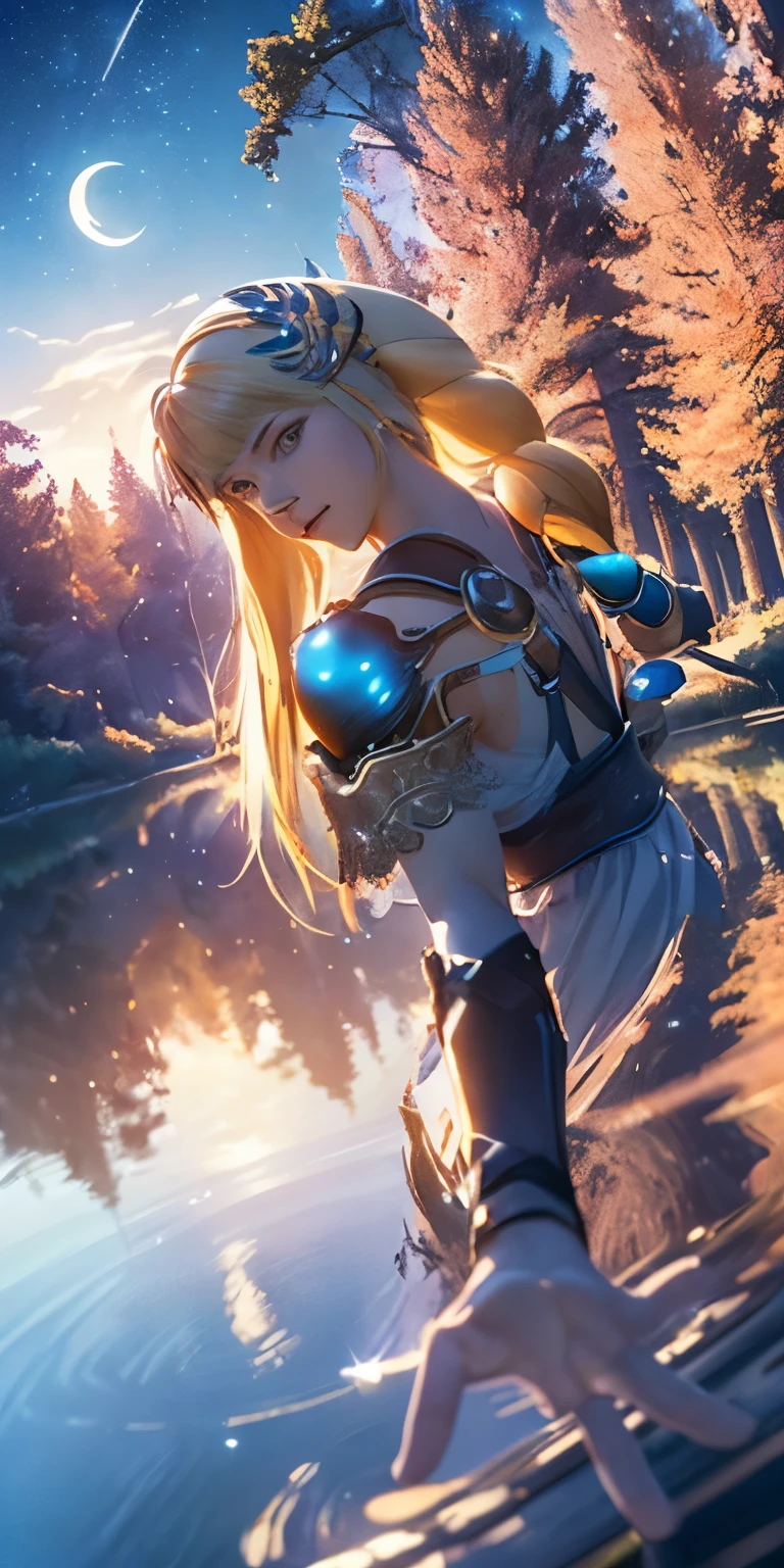 (masterpiece, best quality:1.3), Sophitia Alexandra, Soul Calibur, (cinematic angle:1.5), anime, 28 years old, look at viewer, gold hair, braid hair, (there is a beautiful night with a lake and trees in the background, colorful skies, surreal colors, colorful moon and stars, colorful sky, marvellous reflection of the sky:1.2),