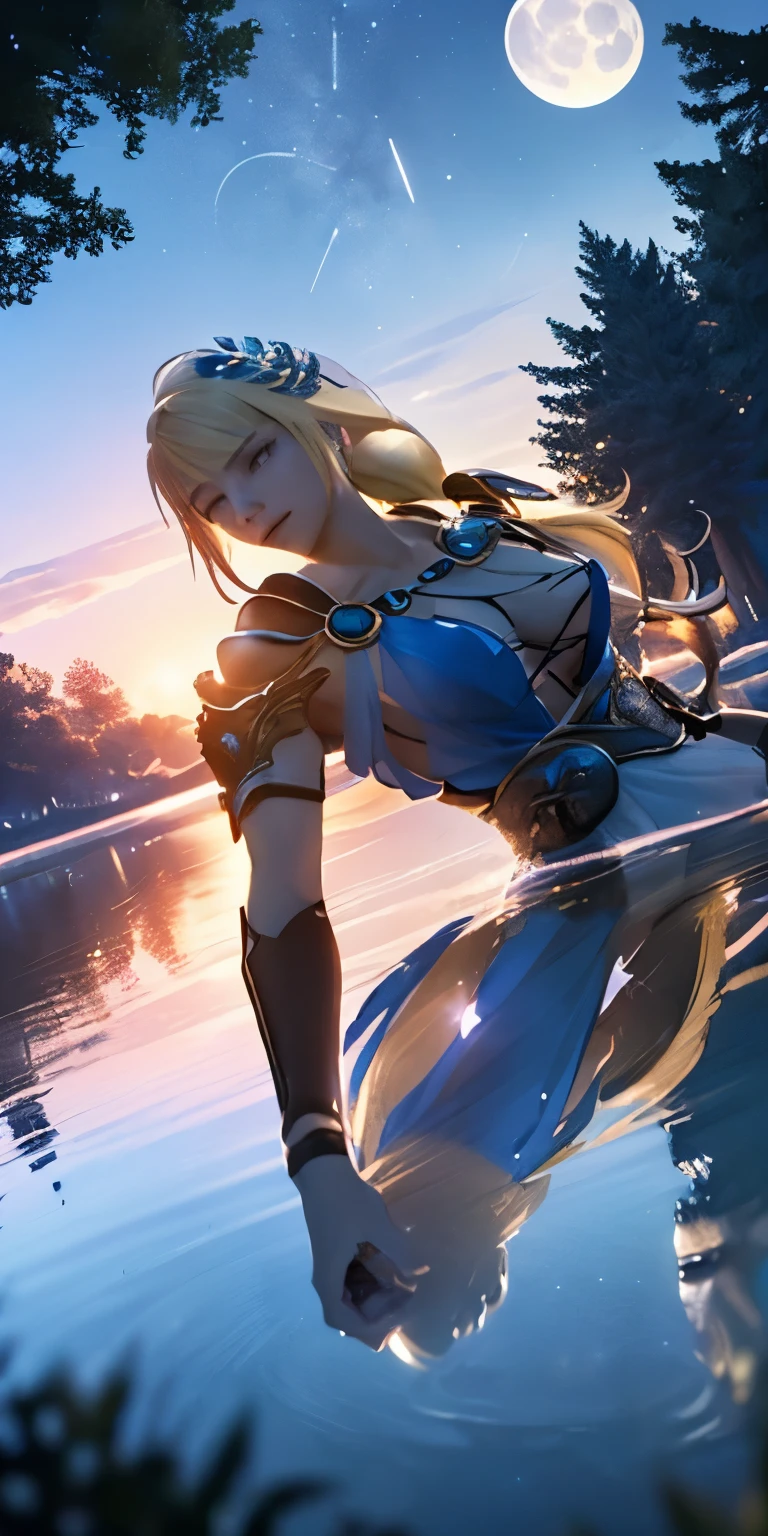 (masterpiece, best quality:1.3), Sophitia Alexandra, Soul Calibur, (upper body:1.5), 28 years old, look at viewer, gold hair, braid hair, (there is a beautiful sunset with a lake and trees in the background, colorful skies, surreal colors, colorful sunset, colorful sky, marvellous reflection of the sky:1.2), (she is bathing:1.5),