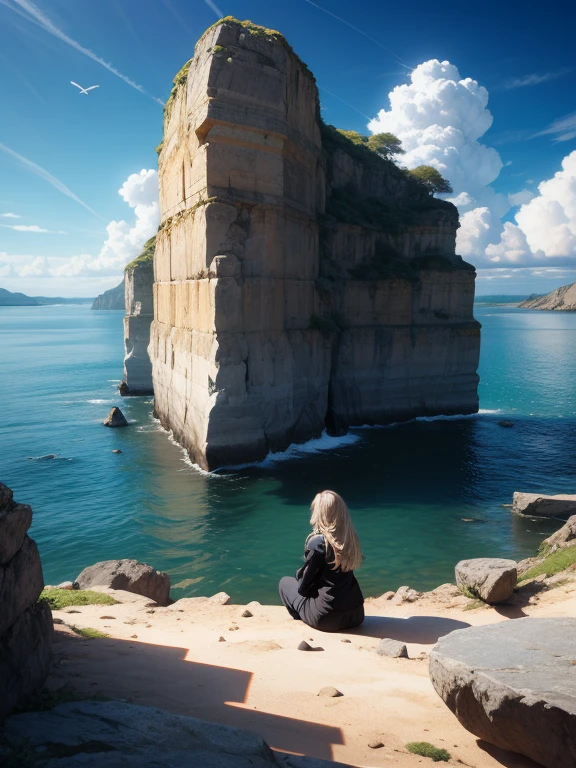 (obra maestra, Mejor calidad:1.2), super details, film lighting, High dynamic range, illustration, huge rocks serve as habitats in the sea, caer, mar de nubes, rico y colorido, Mujer viajando, misterio, Muy detallado, alto contraste, Golden ratio composition, Epic views, obra maestra