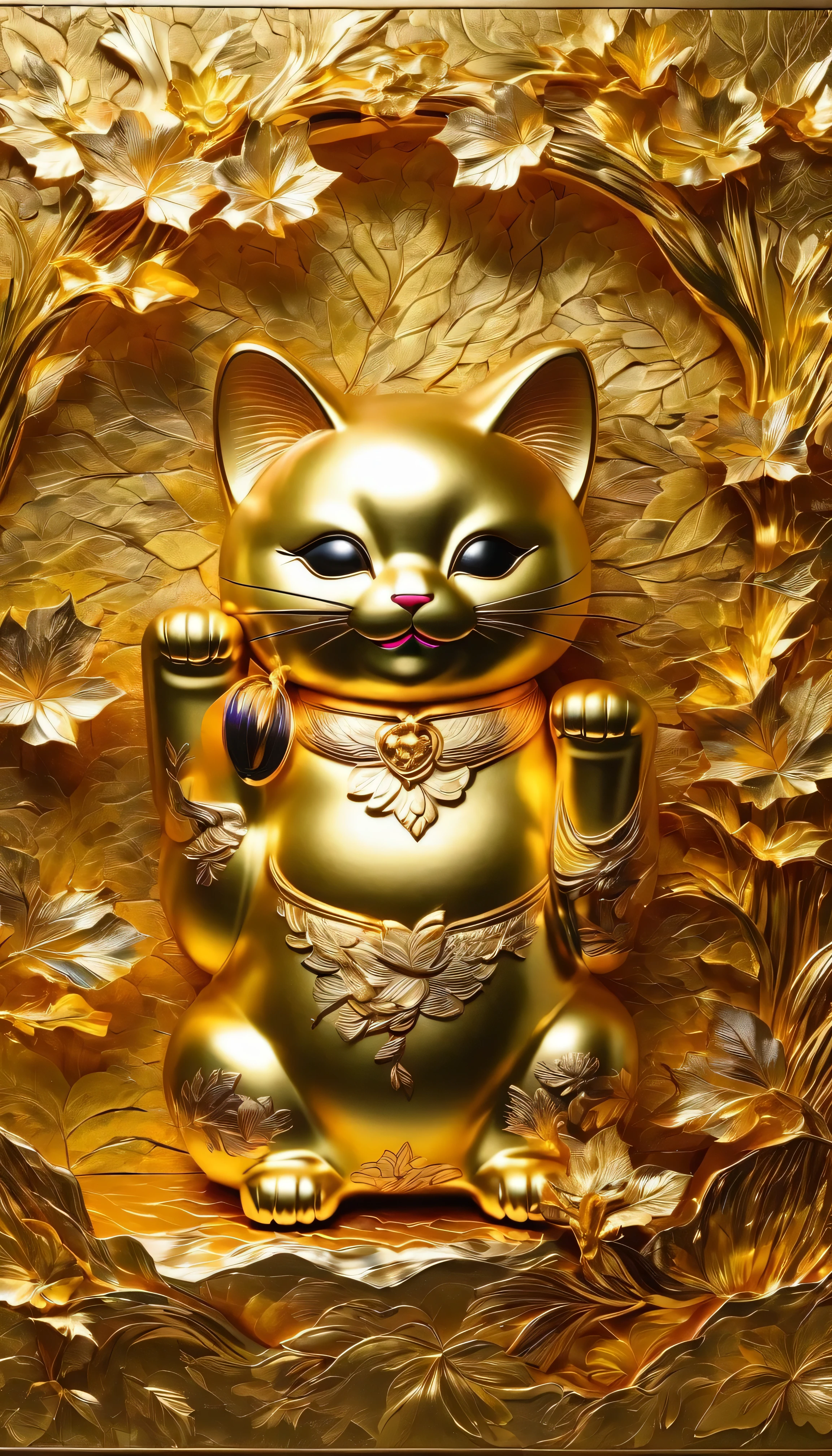 Printing (gold leaf), Japanese decoration, vintage decoration, golden leaf wall decoration   : Maneki-neko gold leaf, the light shimmers on the gold leaf cut, The colors are bright and vibrant, The overall image quality is of the highest quality, with every detail of gold leaf captured with ultra-detailed precision,  The lighting is soft and diffuse, projecting a warm and welcoming glow across the stage. Reflects the beauty and magic of gold leaf art.. High quality, HDR, 16k, Ultra-detailed.