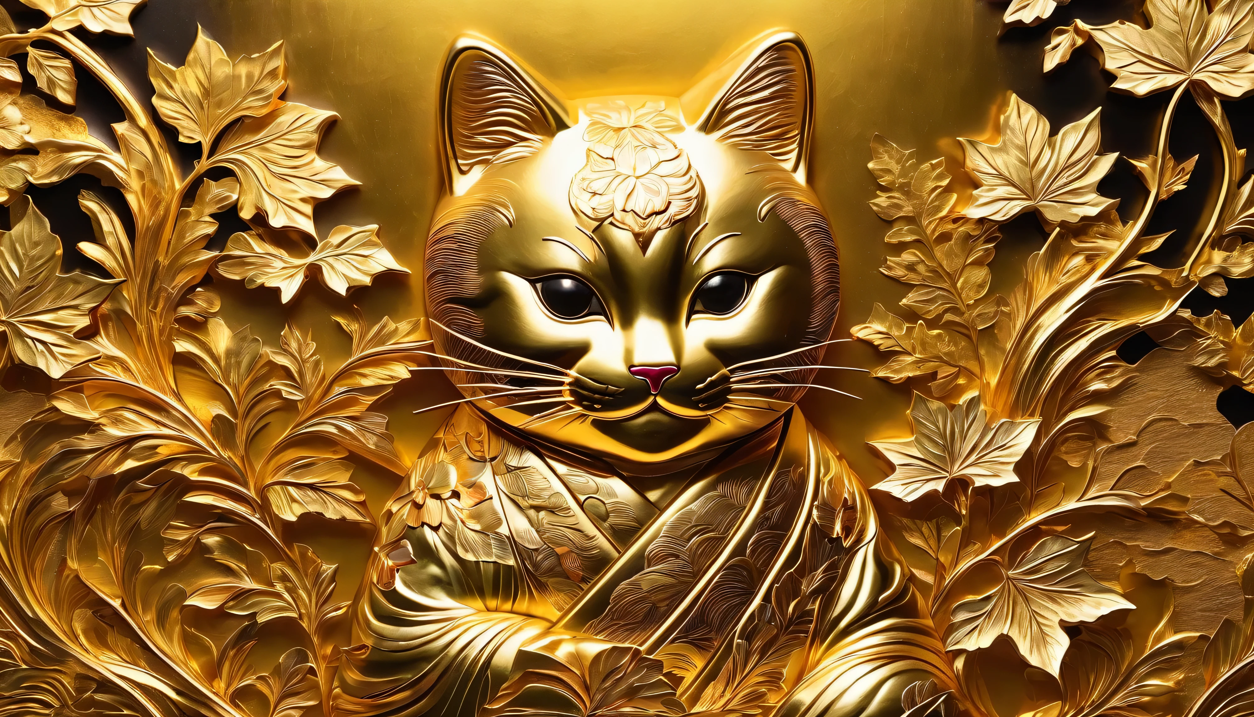 Printing (gold leaf), Japanese decoration, vintage decoration, golden leaf wall decoration   : Maneki-neko gold leaf, the light shimmers on the gold leaf cut, The colors are bright and vibrant, The overall image quality is of the highest quality, with every detail of gold leaf captured with ultra-detailed precision,  The lighting is soft and diffuse, projecting a warm and welcoming glow across the stage. Reflects the beauty and magic of gold leaf art.. High quality, HDR, 16k, Ultra-detailed.