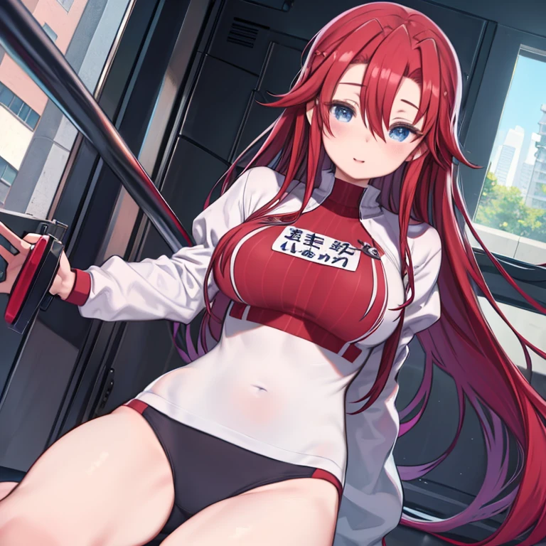 masterpiece, highest quality、1. A woman with beautiful eyes、(aty, long hair, blue eyes, red hair、hair between eyes)、big breasts、laughing、Gym suit、gym uniform、