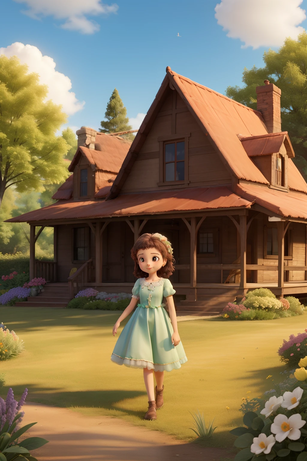 create country scene, girls in flawers dresses and aples